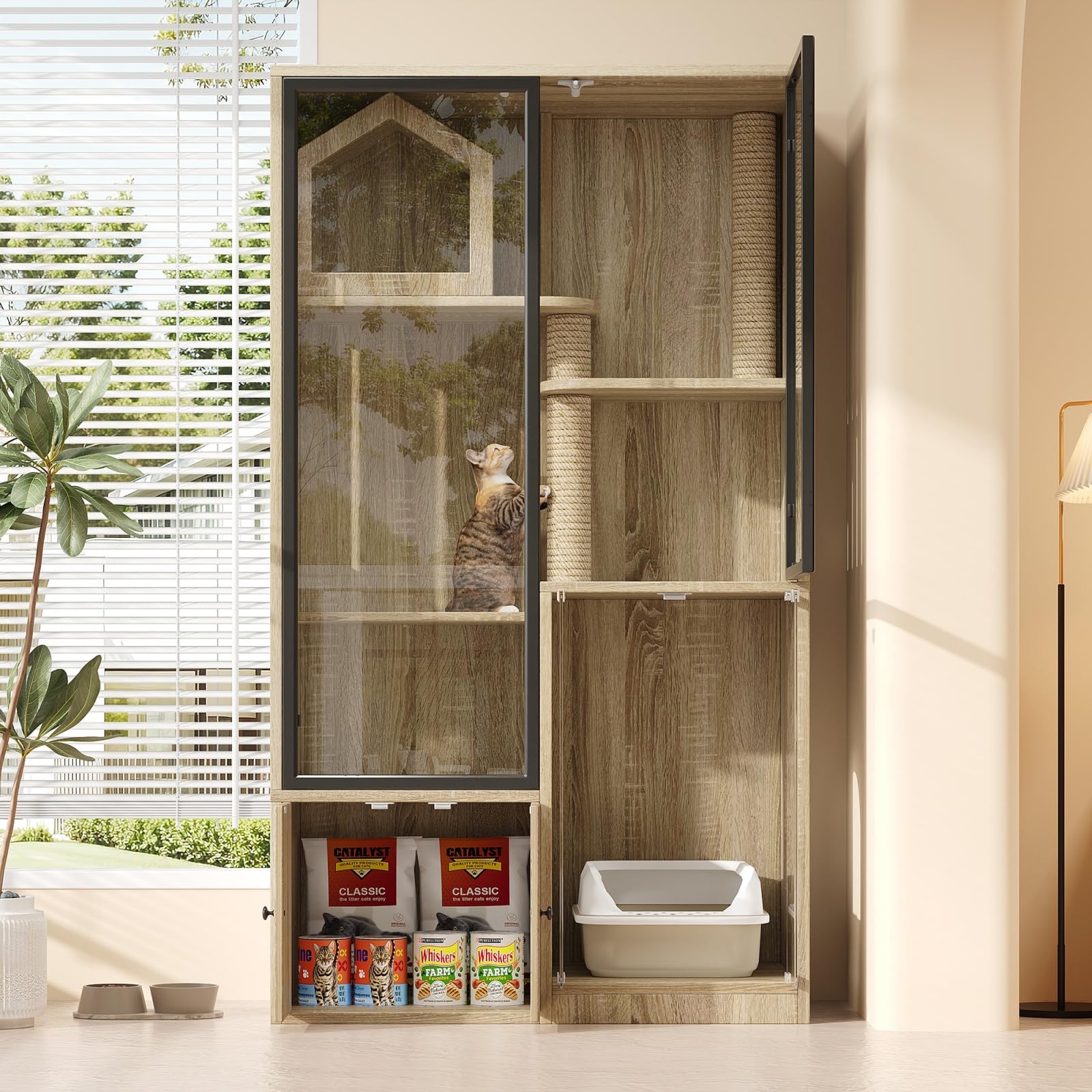 Meuble Litière Chat avec Maison de Toilette, Armoire pour Chat 160 cm avec Rangement, Porte en Verre Trempé, Structure Multicouche, Griffoir, pour Salon (Naturel)