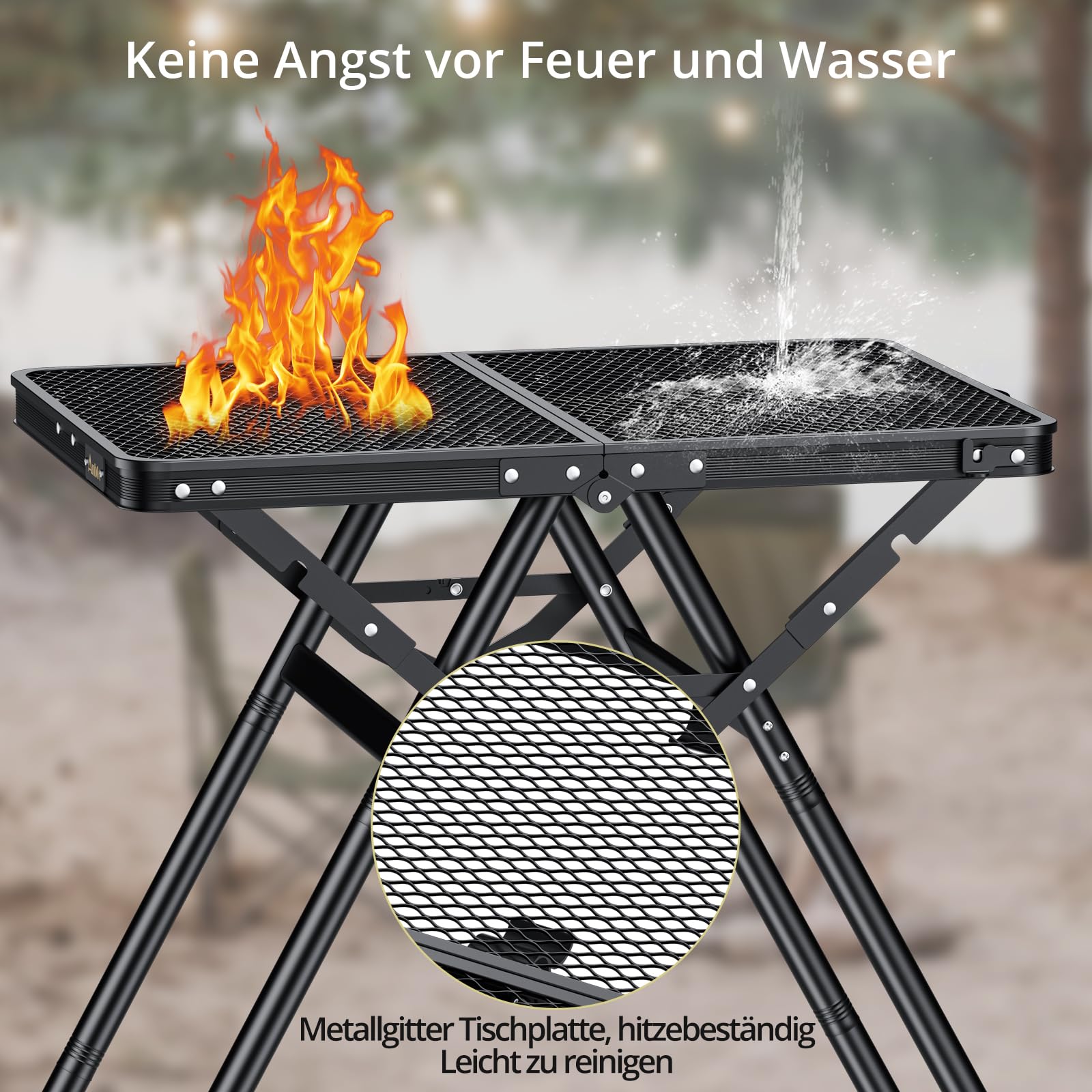 Anbte Grilltisch Klappbar 60x40cm X-Frame-Design 80kg Belastbar, Schwarz | 3 Verstellbar Höhe 24.5/47/71cm, Wasserfest Metallgitter Tischplatte Tragbar Klapptisch für BBQ Camping Garten Outdoor-Kochen