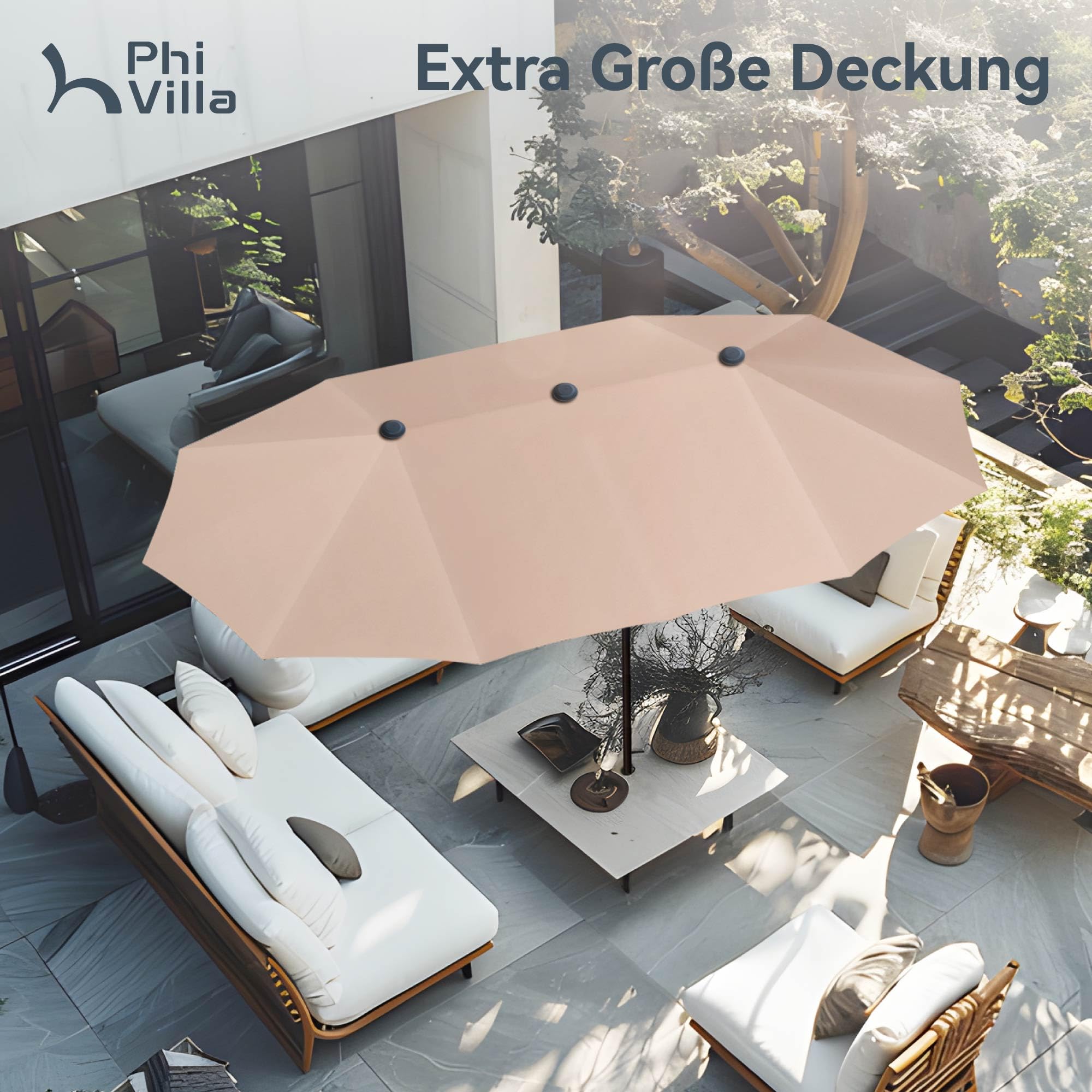 PHI VILLA Sonnenschirm Rechteckig Groß 380x200cm für Garten Terrasse Gartenschirm mit Kurbel UV Schutz Parasol Windfest