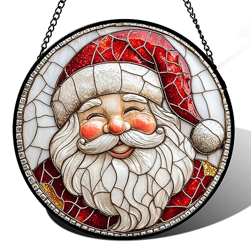 Stained Glass Window Hanging - Red White Santa Claus Suncatcher