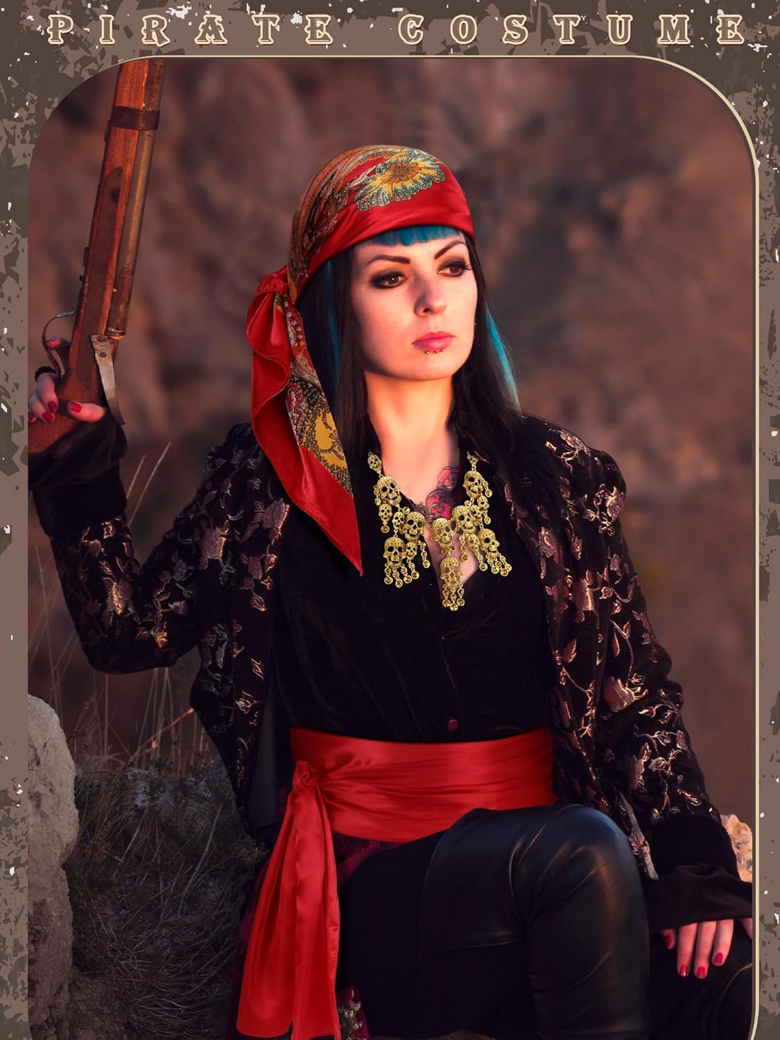 4 Pieces Pirate Costume Women Pirate Hat Sash Belt Head Scarf Skeleton Necklace Earrings Cosplay Jewelry Accessories - Image 2