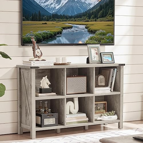 Miniatura 5 de Estantería rústica de 6 cubos, estante organizador de madera de roble gris rústico, estantería de pasillo de 47 pulgadas, gabinete de almacenamiento