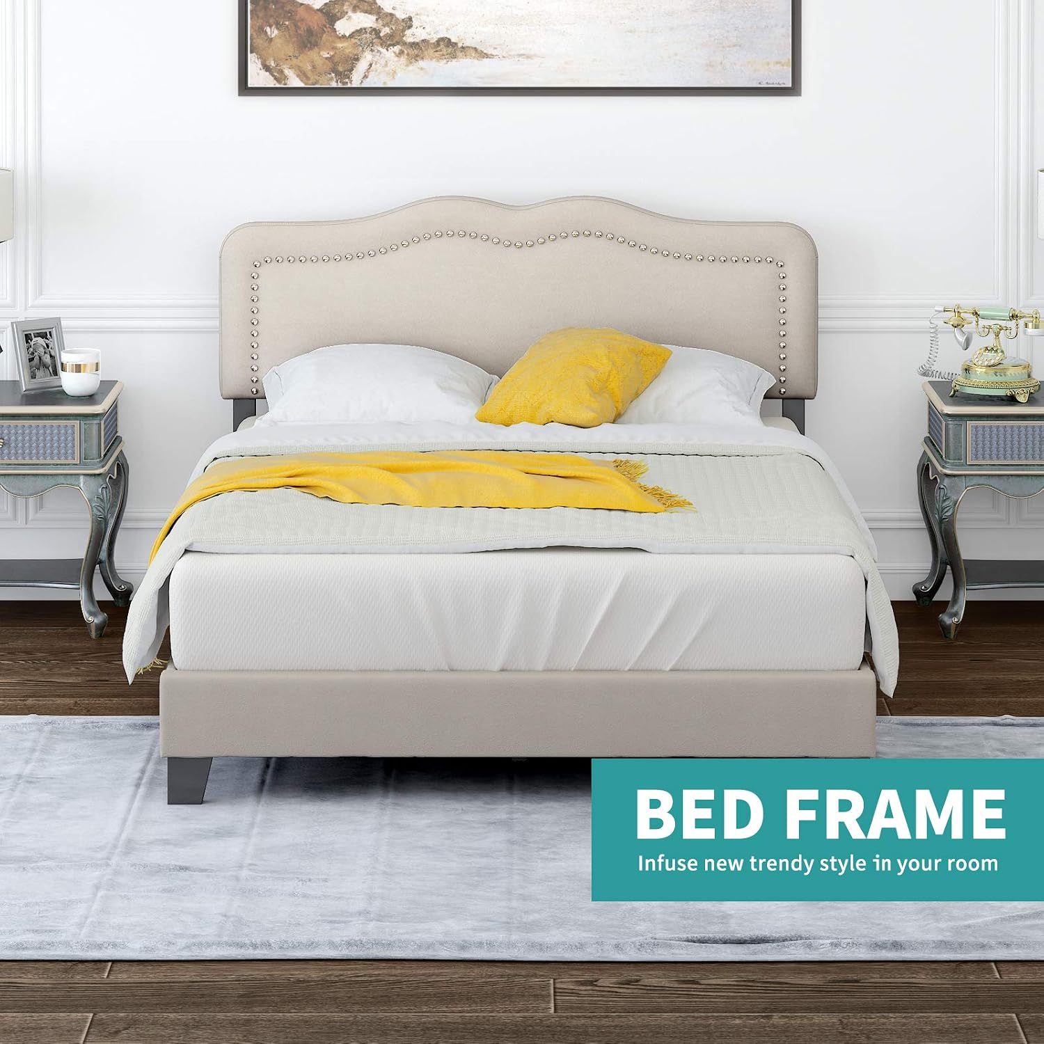 mecor Upholstered Linen Full Platform Bed Frame / Adjustable Height Curved Fabric Headboard / Mattress Foundation with Wooden Slats Support / Nailhead Trim Design / Easy Assembly - Beige, Full