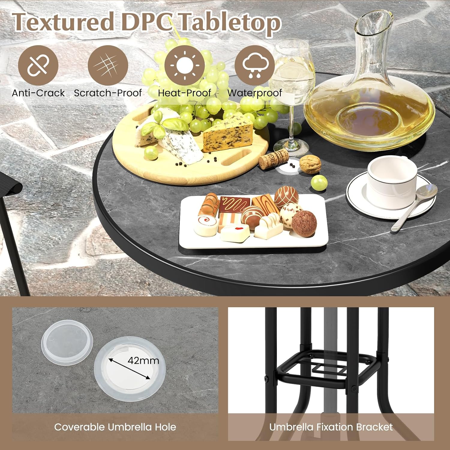 COSTWAY 3 PCS Patio Table and Chairs Set, Bistro Furniture with DPC Tabletop, Umbrella Hole, Outdoor Bar Set with Round Table and 2 Folding Counter Height Chairs for Poolside, Deck, Porch, Black