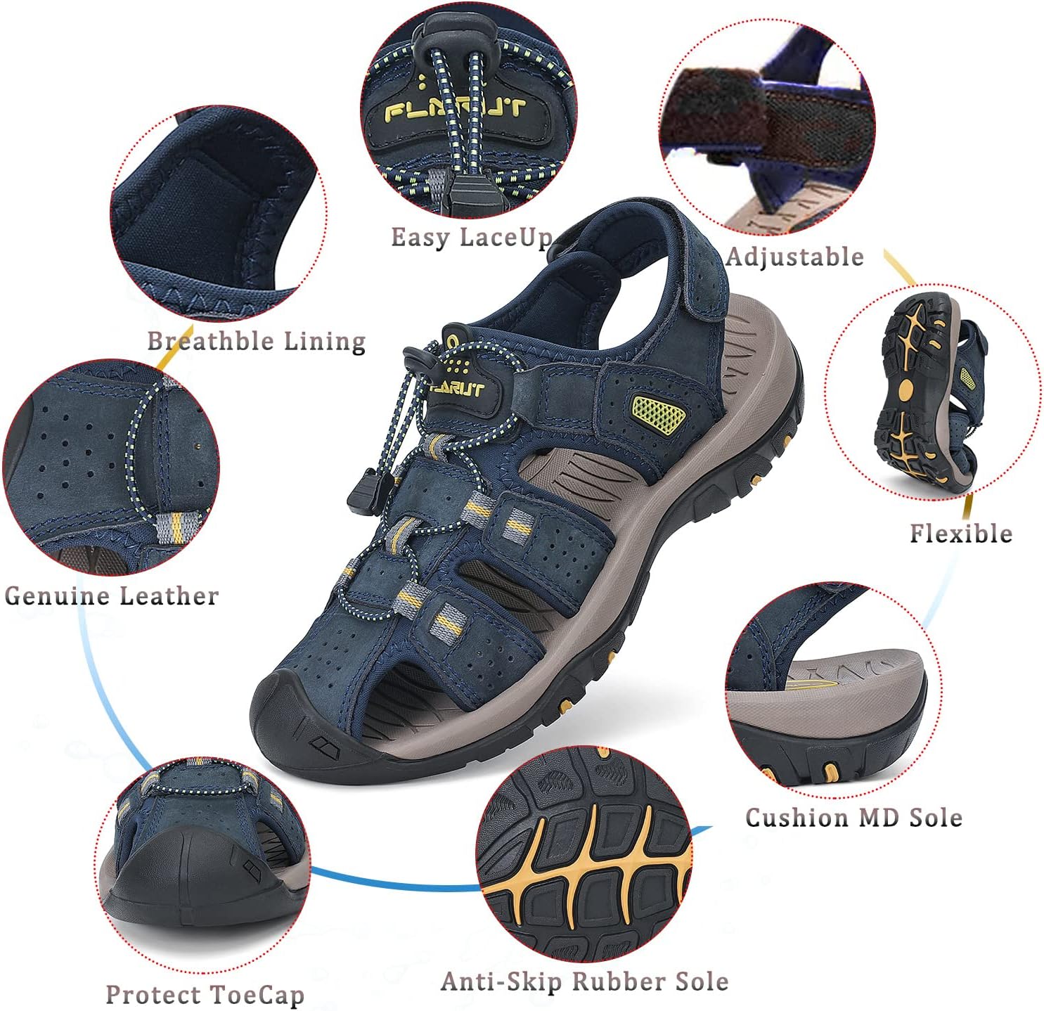 FLARUT Men's Sport Sandals Outdoor Hiking Sandals Closed Toe Leather Athletic Lightweight Trail Walking Casual Sandals Water Shoes - Image 3