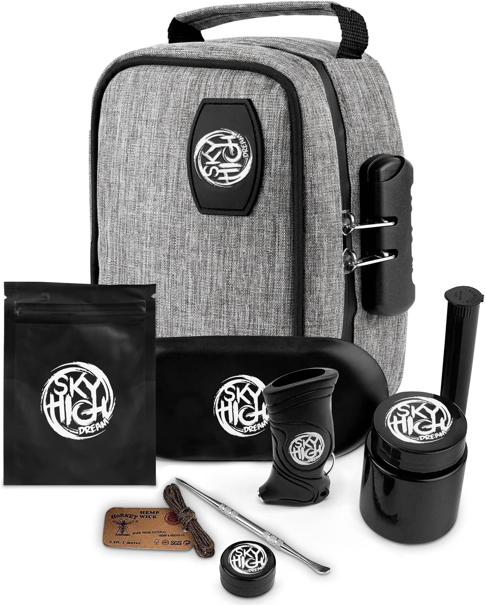 Sky High Stash Pouch -Lock, Grinder, Silicone Jar, Double-Ended Pick, Storage Tube, Tray, Lighter Holder, Hemp Wick, Bat Cigarette Holder, Ziplock Bag