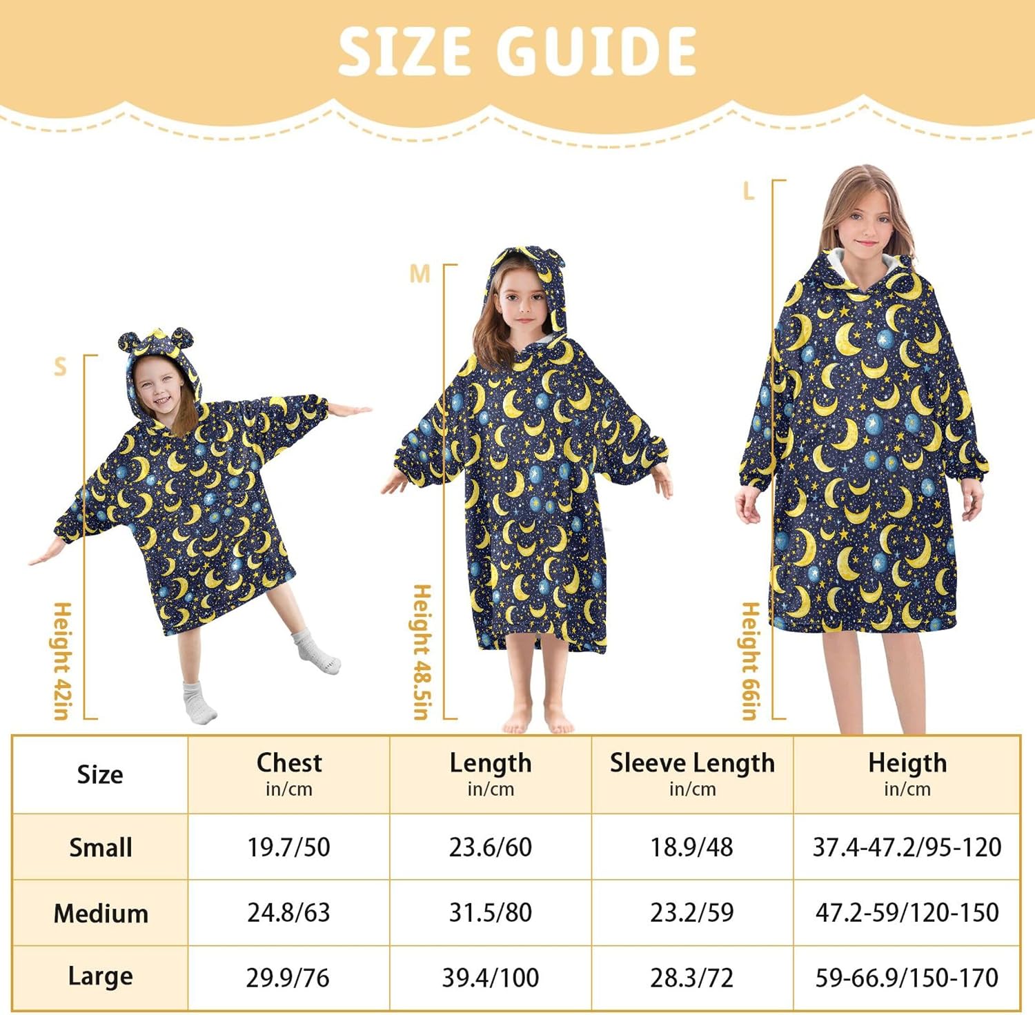Yellow Blue Moons Kids Wearable Blanket Hoodie with Pocket and Sleeves for Toddlers, Cute Hoodies Girls Boys B0403927
