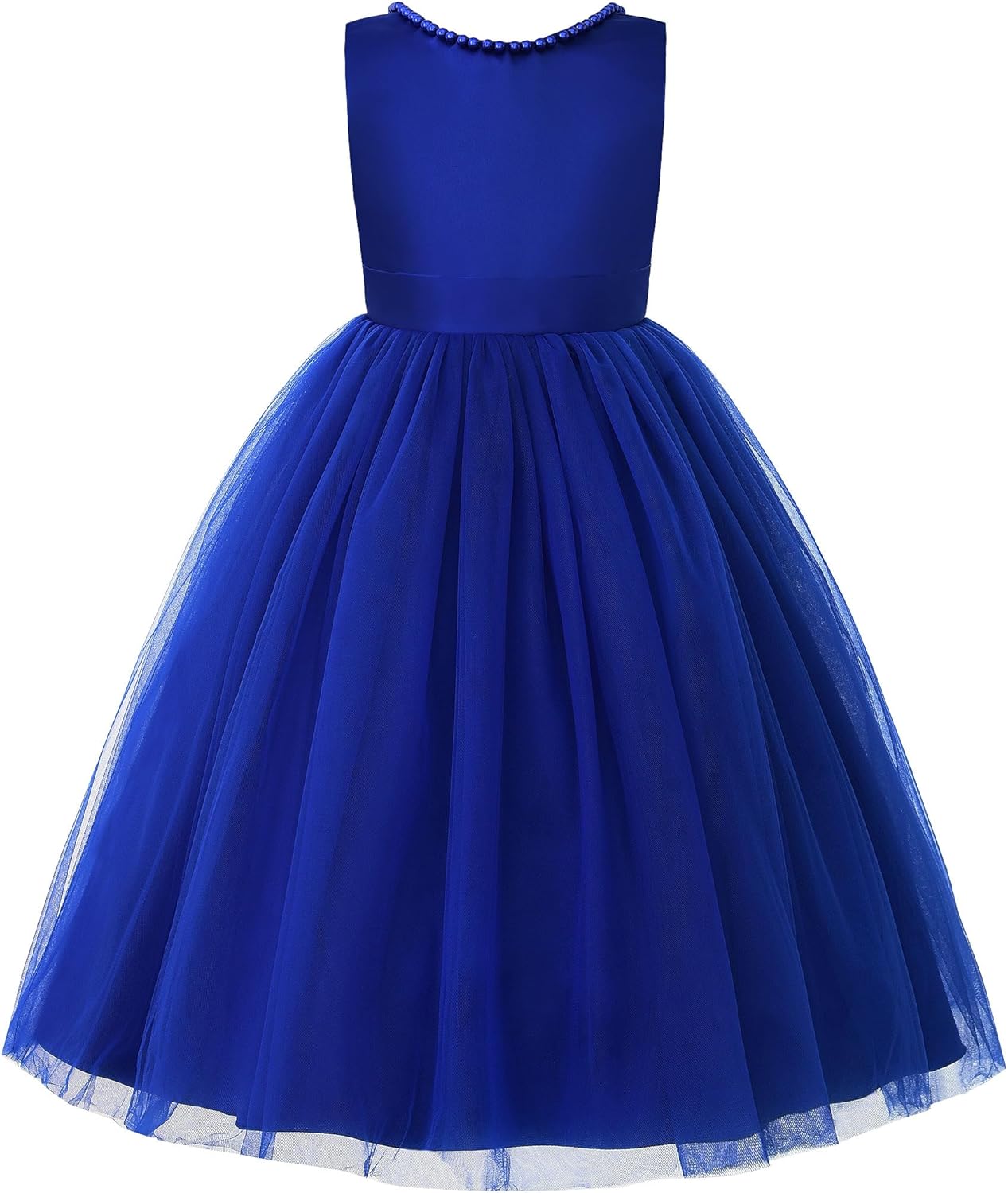 JerrisApparel Flower Girl Dress Sleeveless Tulle Skirt Pearl Trim Back Bow Wedding Party Gown - Image 3