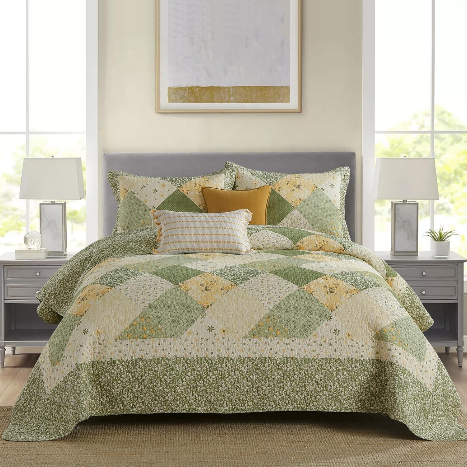 KALOOLA Oversized Bedspread Quilt 120x120, 100% Cotton Floral Bedspreads King Size, Lightweight Plaid Reversible Coverlet Comforter Set with Pillow Shams, 3 Pieces, Brown