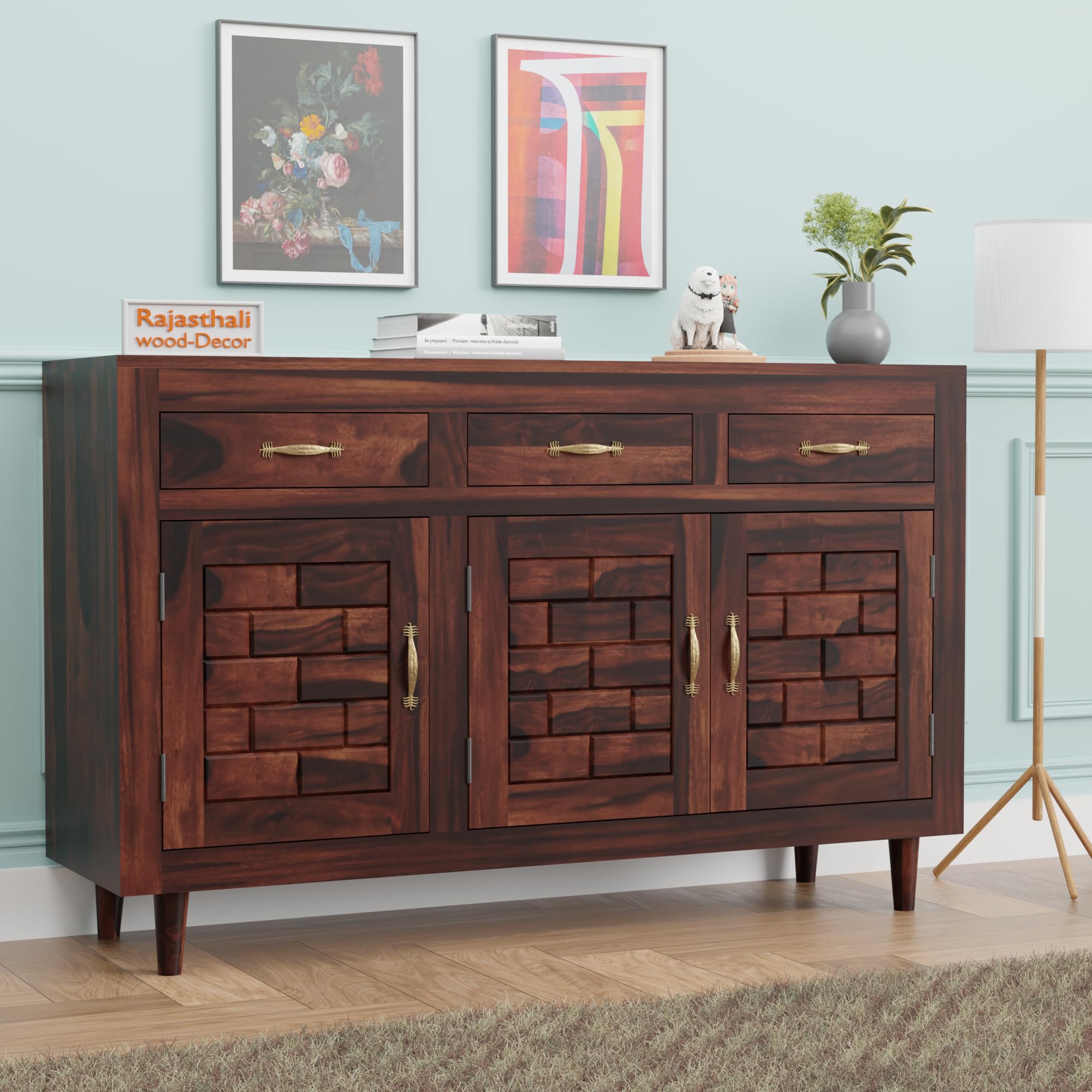Rajasthali Wood Decor Solid Sheesham Wood Sideboard Storage Cabinet with 3 Drawer and 3 Door Storage for Living Room Home Office Kitchen, Walnut Finish, 136" L x 91" H x 40" W Centimeter-image-35