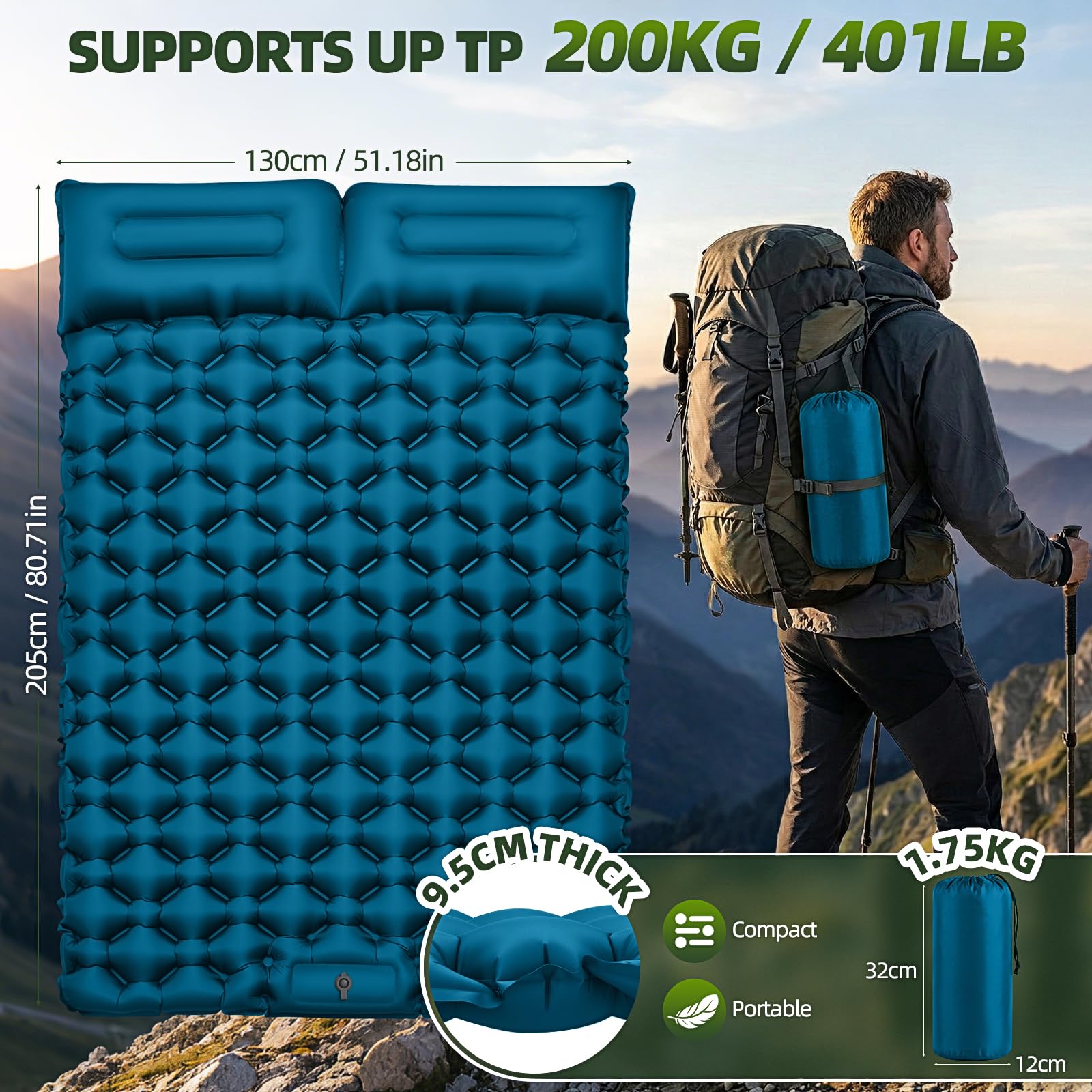 Matelas de Camping Autogonflant 2 Personnes 9.5cm 204x130cm avec Oreiller et Pompe à Pied Intégrée
