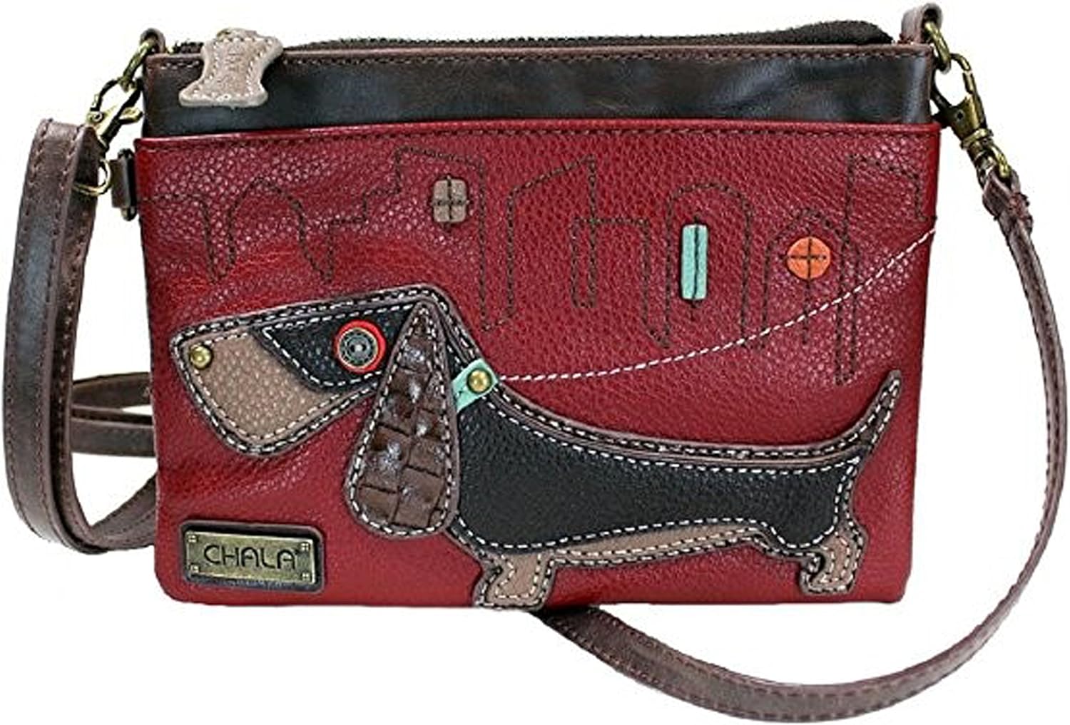 Chala Wiener Dog Mini Crossbody Handbag Dog Lovers Convertible Straps Dachshund Mom (Burgundy)