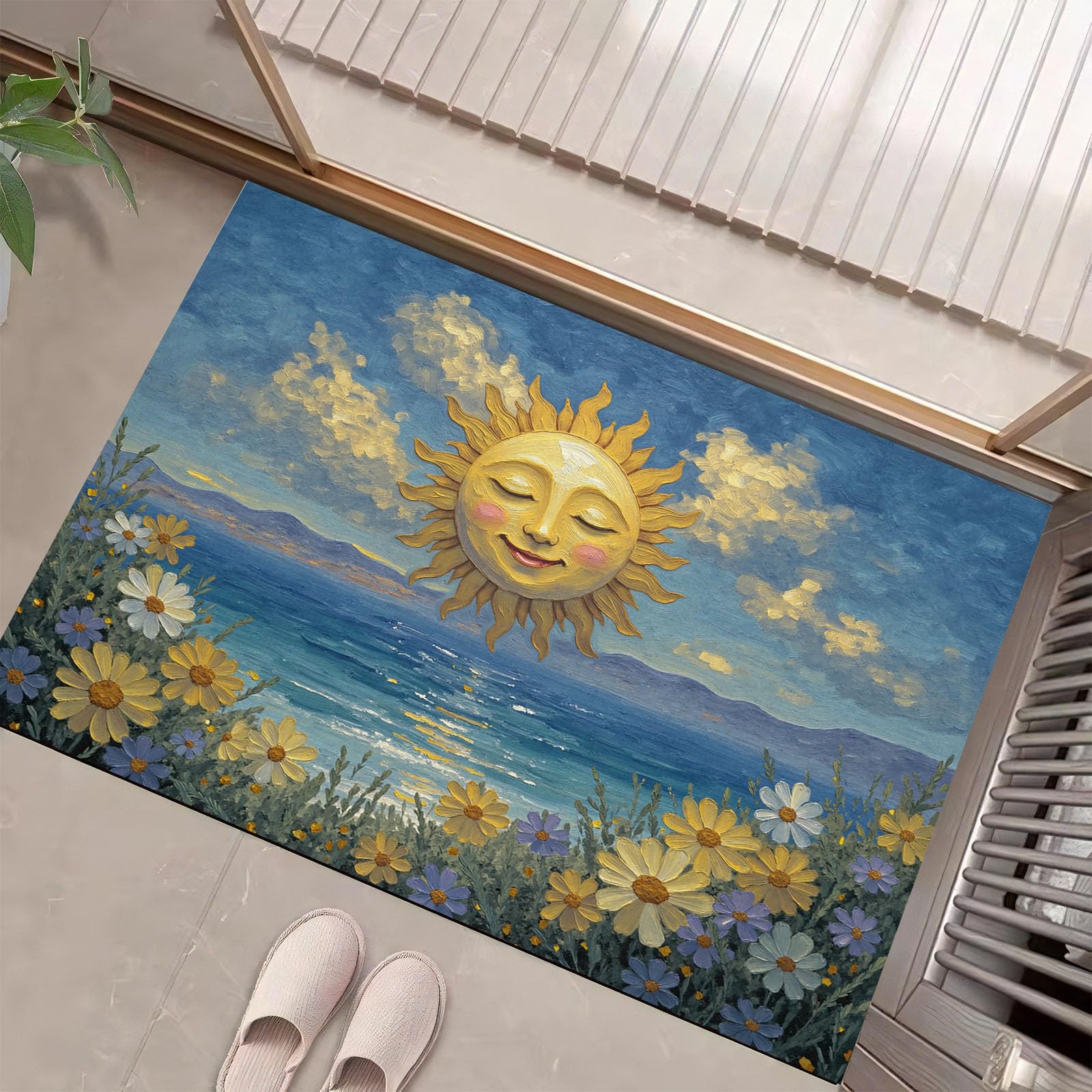Tapis Entrée Soleil Surface De Mer 80x120cm Lavable et Antidérapant