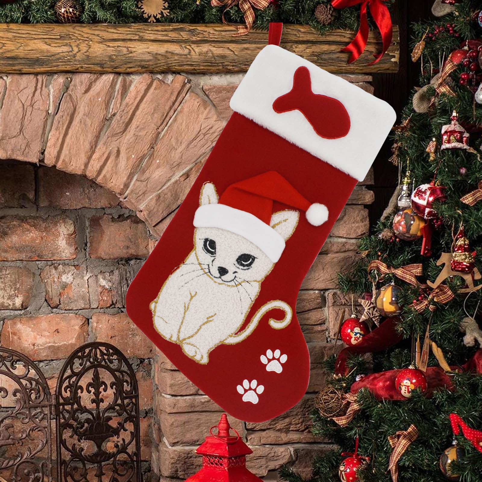 cat christmas stocking single, 20 inch large animal felt embroidered cat christmas stockings, 3d cute cat xmas stockings with pet paw, fish and plush cuff for kitty xmas decorations…