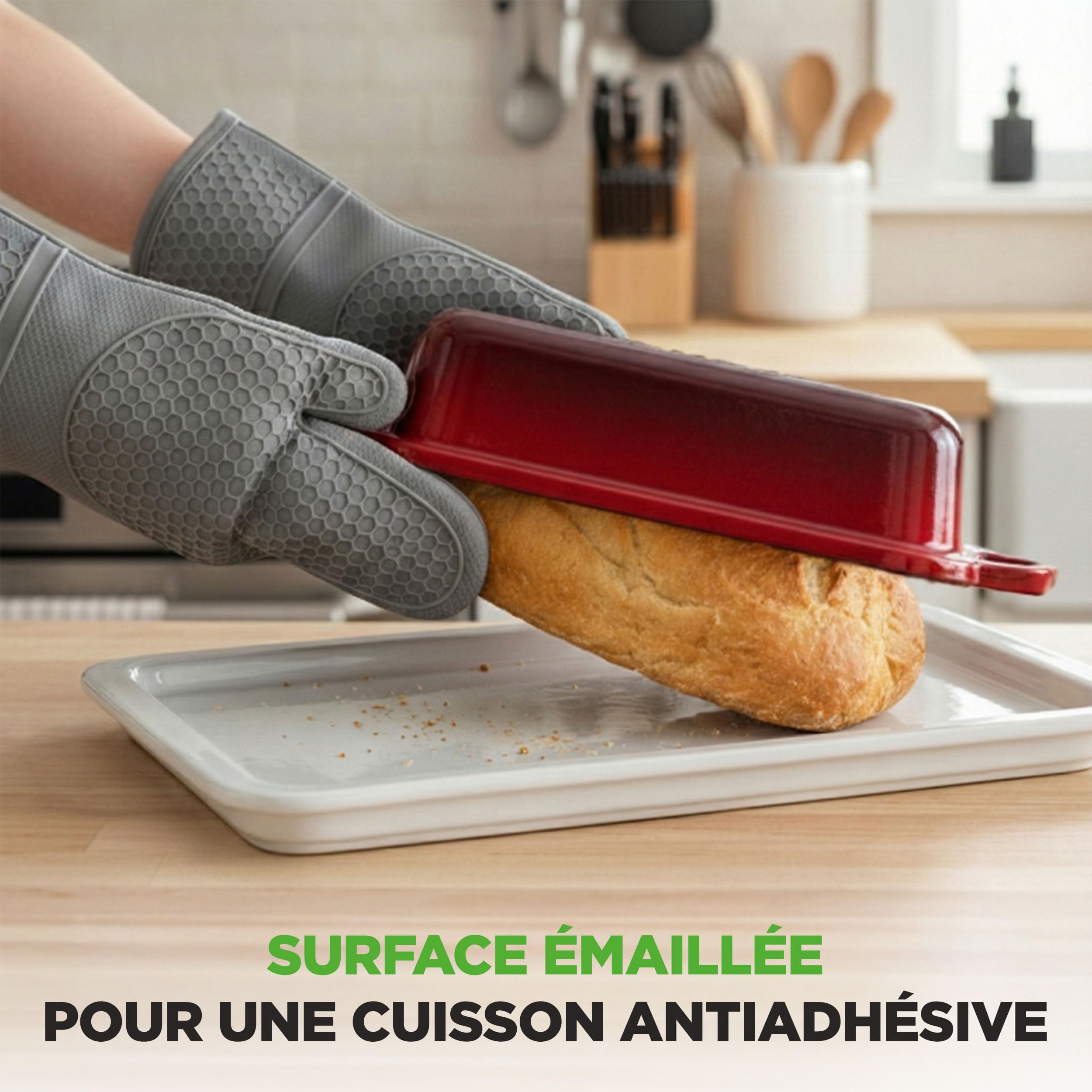 NutriChef Moule à Pain en Fonte Émaillée avec Couvercle - Cocotte Rectangulaire Dutch Oven pour Pain Levain, Double Moule Réversible, Four 260°C, Gants Silicone, Lasagne, Ragoût, Cake, 23x13 cm