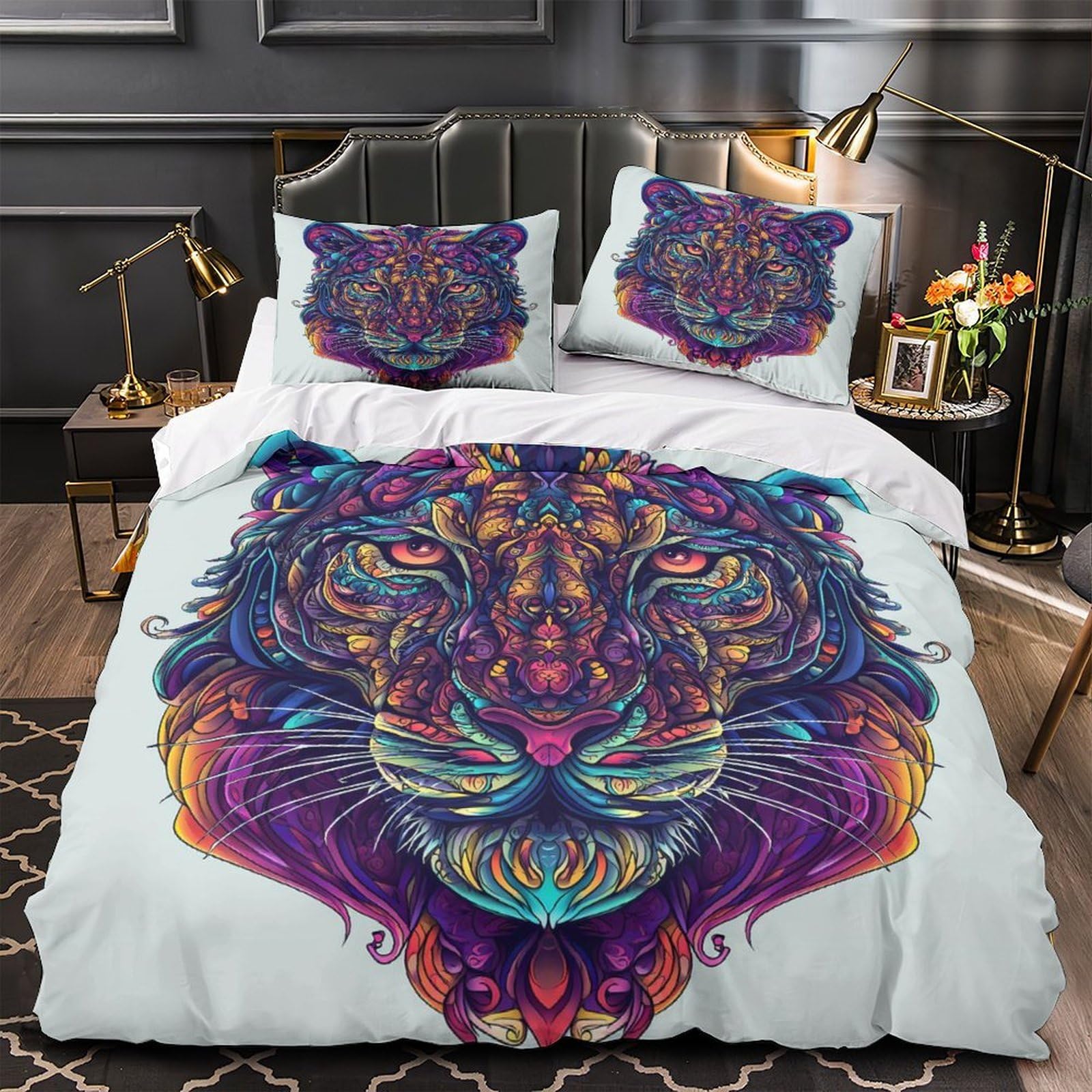Housse de couette tigre coloré 3D 260x220 cm en microfibre respirante avec 2 taies d'oreiller