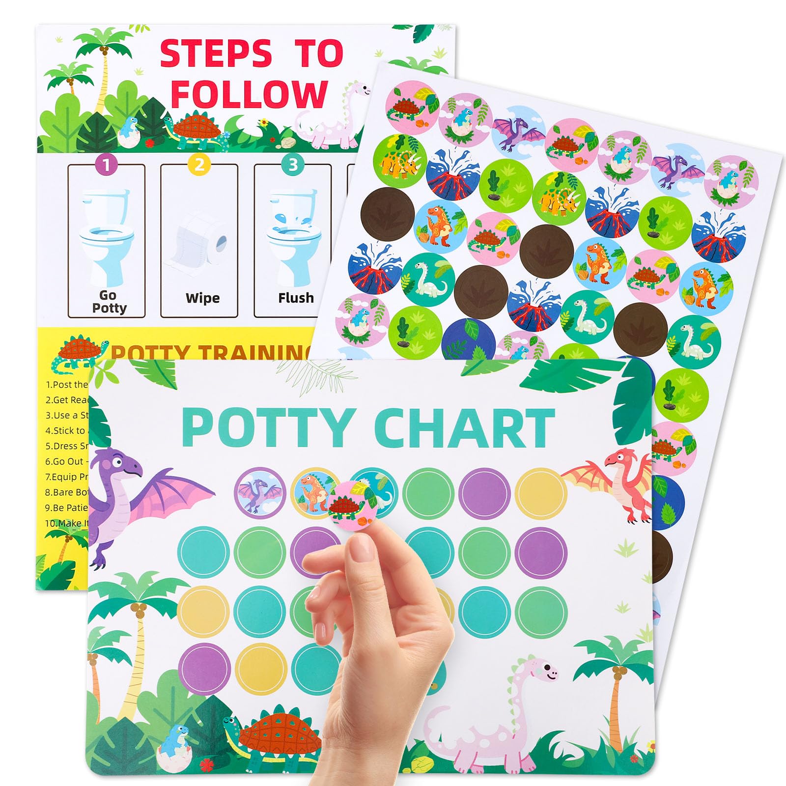 8pcs Potty Training Chart with Reward Stickers, 28.5x21cm/11.2x8.3in Cute Toilet Training Reward Charts for Boys Toddlers Potty Success Motivation (Dinosaur Style)