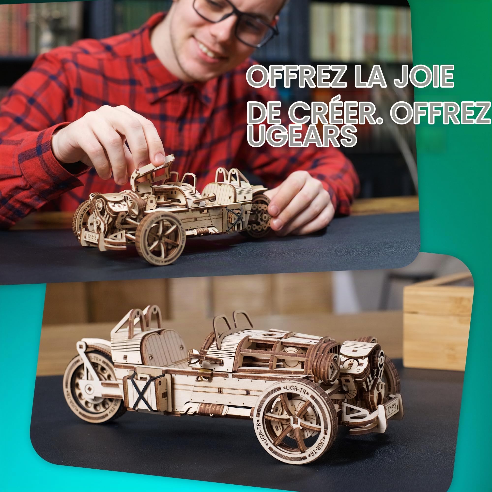 UGEARS UGR-S à Trois Roues Maquette en Bois à Construire Moto - Mécanique Puzzle 3D en Bois - Maquette Voiture a Monter avec Direction et Moteur Fonctionnels - DIY pour Les Fans de Casse-Tête