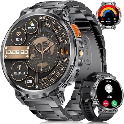 DREMAC Smartwatch Herren-1.85‘’ HD Großes Display/730 mAh Akku Sportuhr Herren mit Taschenlampe/120+ Sportmodi,IP68 Wasserdicht Fitnessuhr mit 24/7 Herzfrequenz,Schlafmonitor für Android iOS,2 Bänders