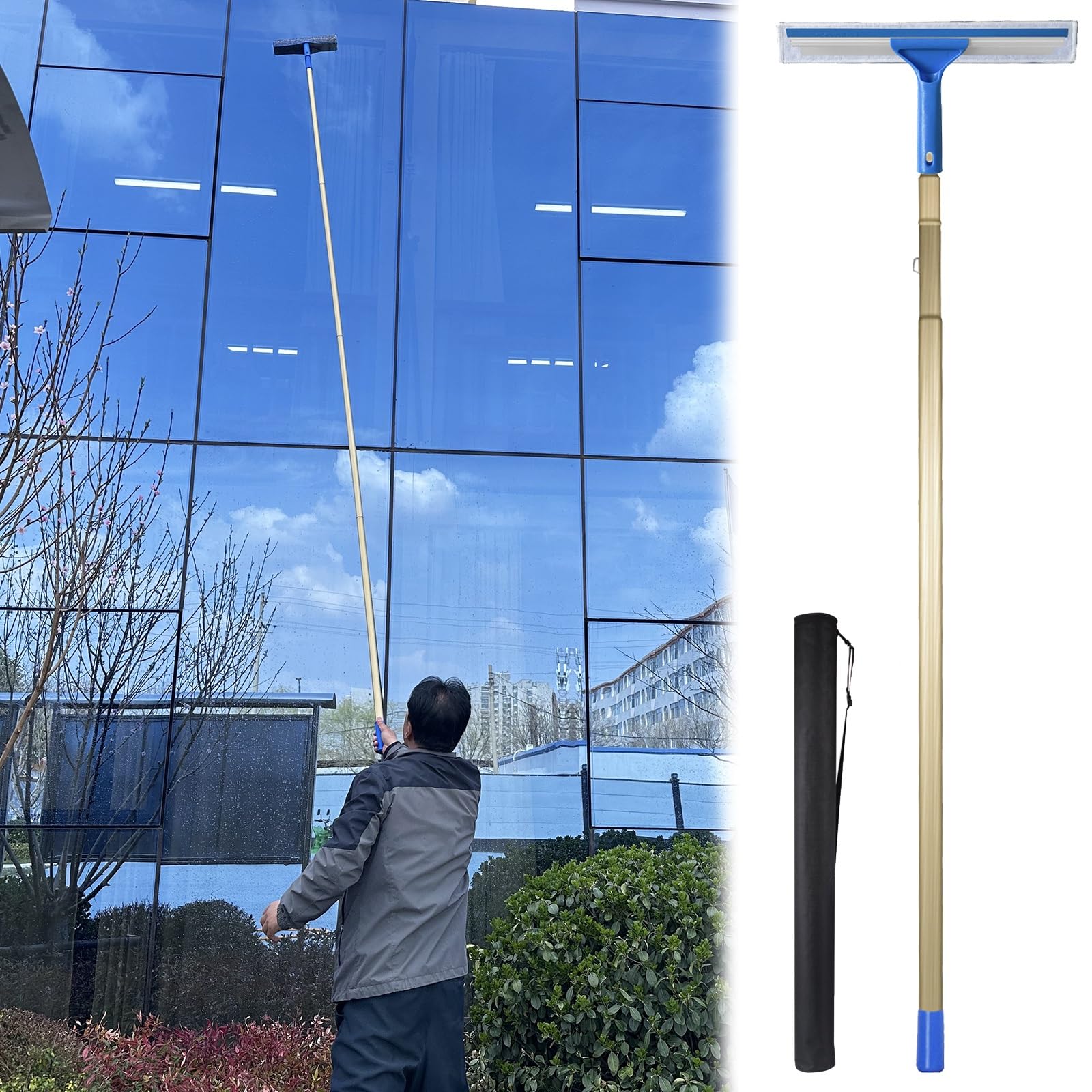 Kit de escobilla de limpieza de ventanas con poste telescópico y bolsa de almacenamiento para edificios de gran altura, apartamentos y centros comerciales