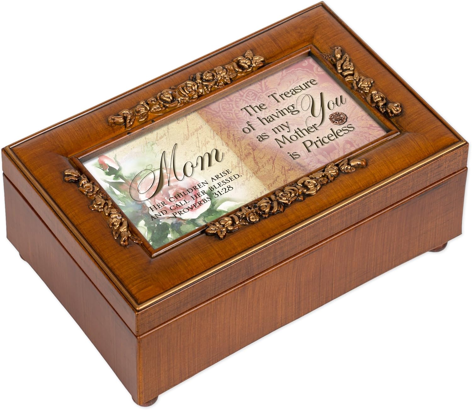 Cottage Garden Mom Having You as Mother Priceless Woodgrain Embossed Jewelry Music Box Plays Amazing Grace