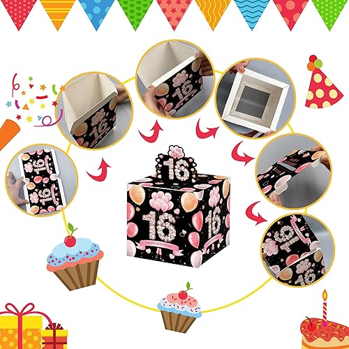 Miniatura 7 de Caja de dinero de feliz cumpleaños 16 para regalo en efectivo, juego de regalo sorpresa de cumpleaños de oro rosa, caja sorpresa de cumpleaños para
