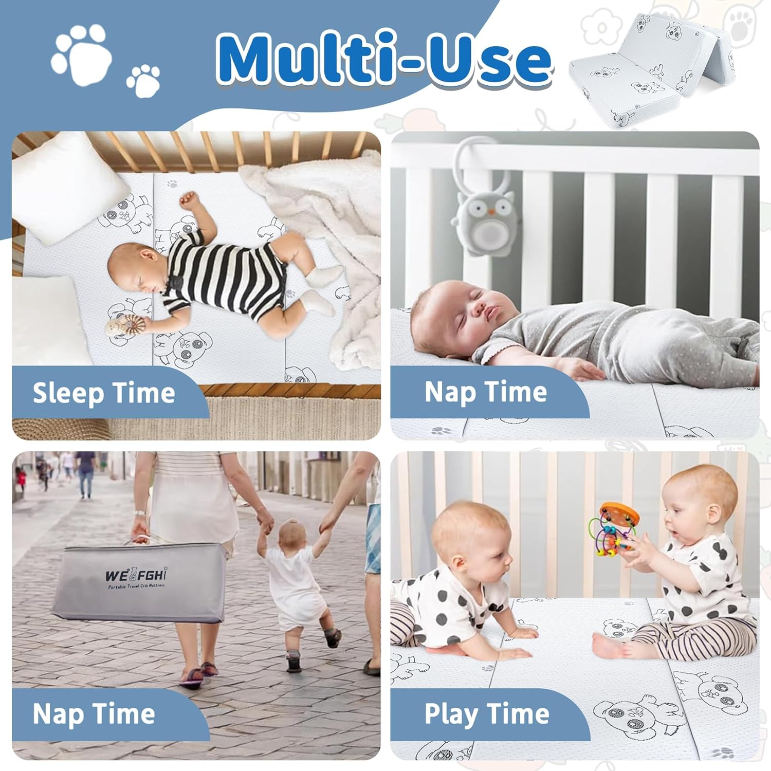 Trifold Pack and Play Mattress, 38"x 26" Pack N Play Mattresses Pad with Carry Bag, Premium Memory Foam Mattress for Pack and Play Playpen Washable Cover