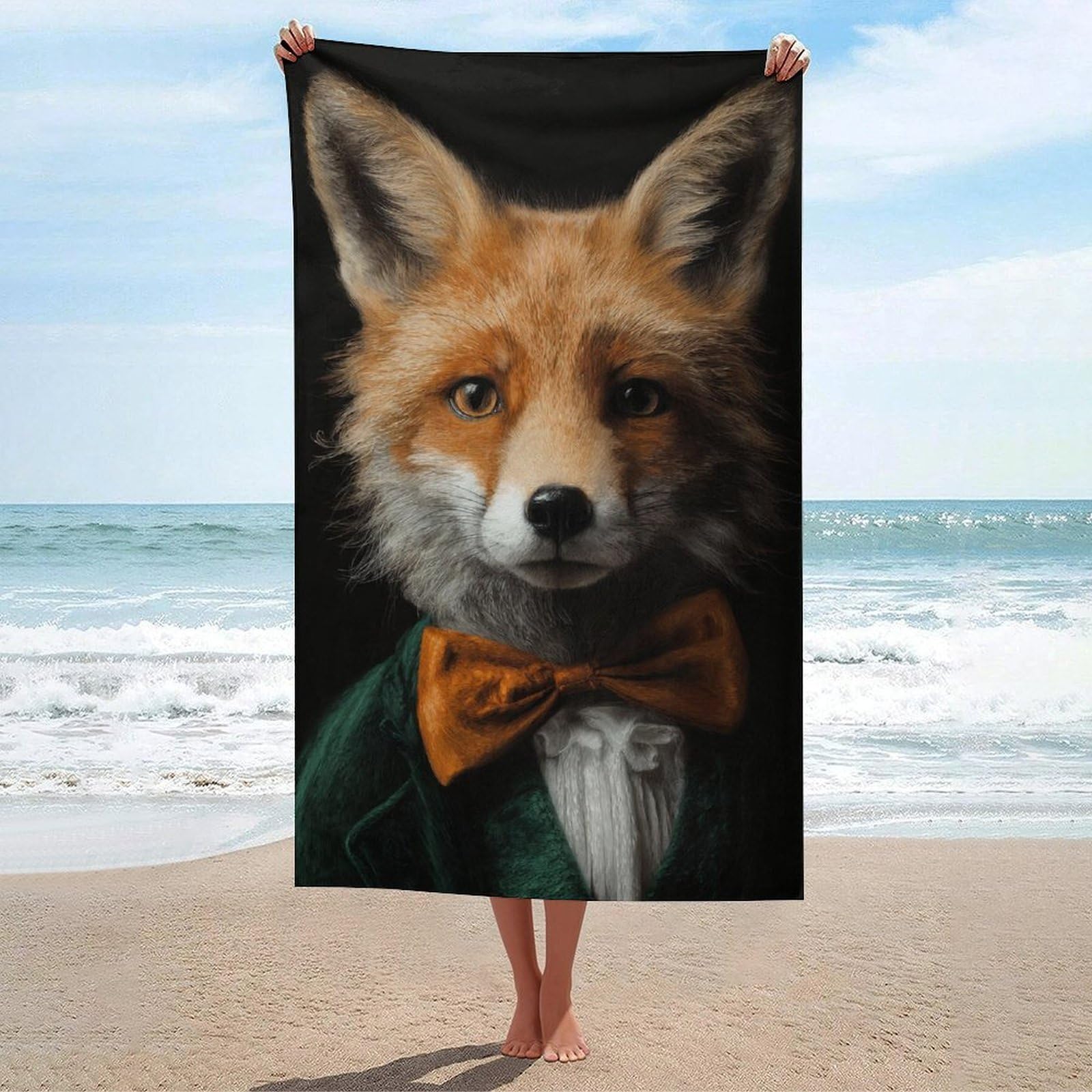 asbwuo Fox with Orange Bow Tie and Green Jacket Beach Towel
