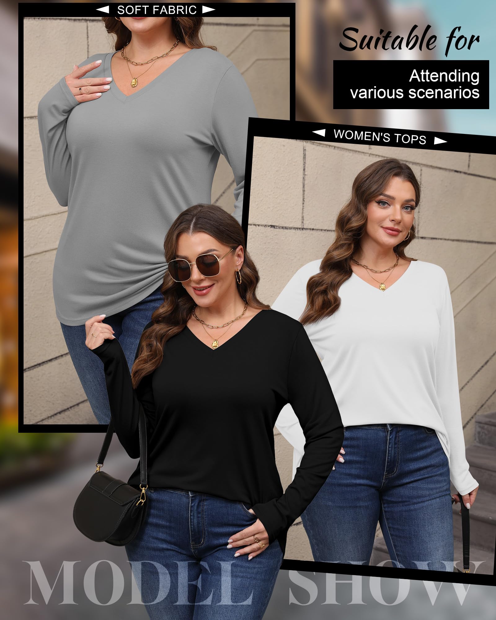 Riyiper Set da 3 Top Donna Plus Size | Scollo a V, maglia a maniche lunghe, vestibilità ampia, casual, basic, elegante tunica, biancheria intima