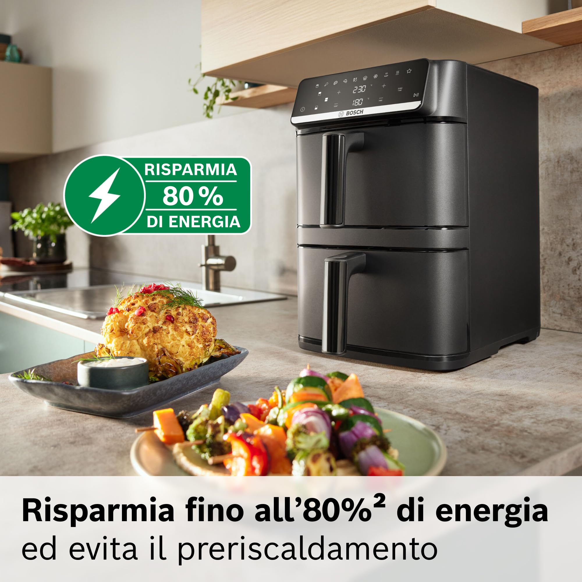 Bosch Friggitrice ad Aria Serie 6, XXL Doppio Cestello 12L, 2 Cestelli da 6L con Funzione SYNC, 6 Programmi Preimpostati, Rivestimento 100% Ceramica Non Tossico, Interno In Metallo, Nero, MAFD661B0