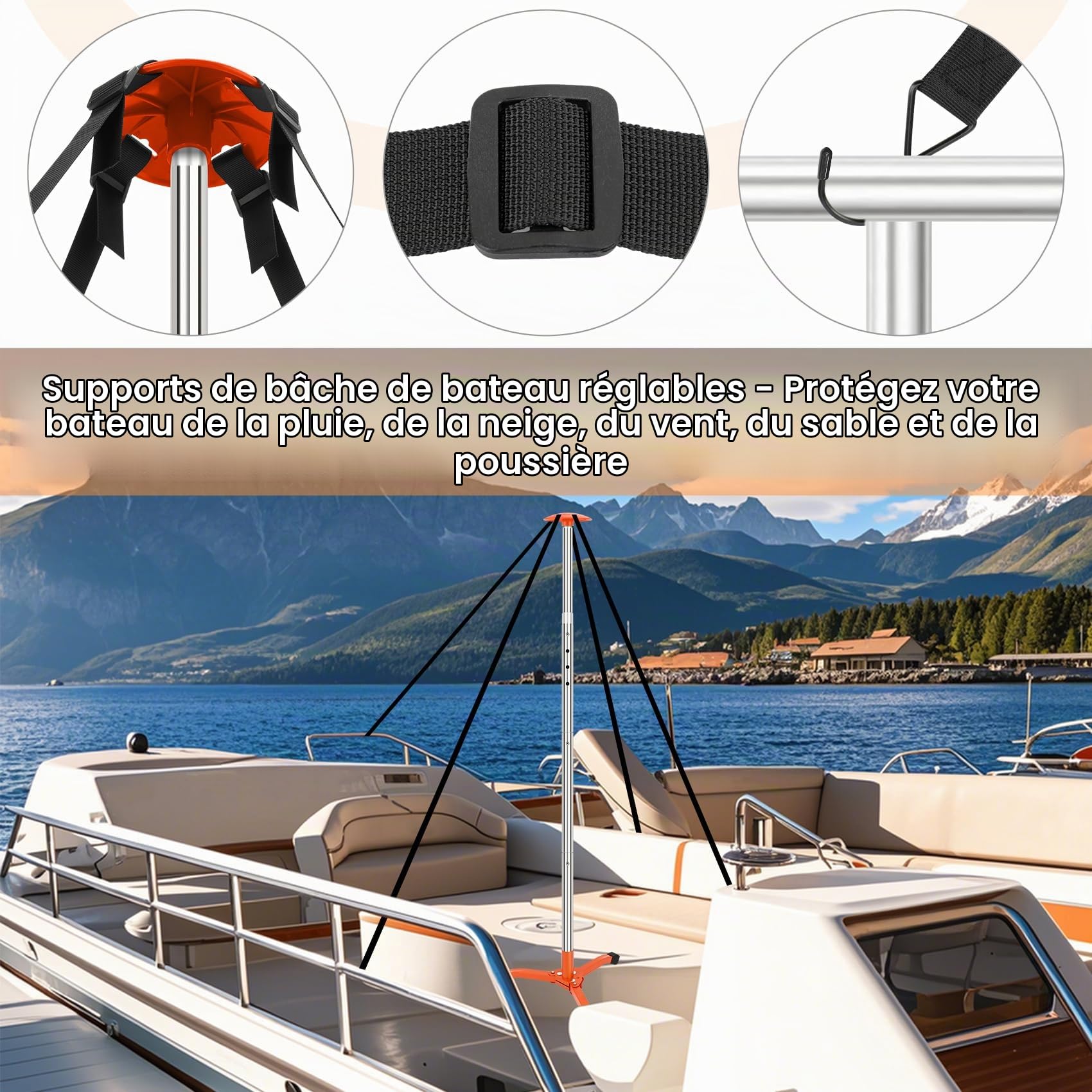 KOMCLUB Poteaux Support Housse Bateau Acier Inoxydable Réglable