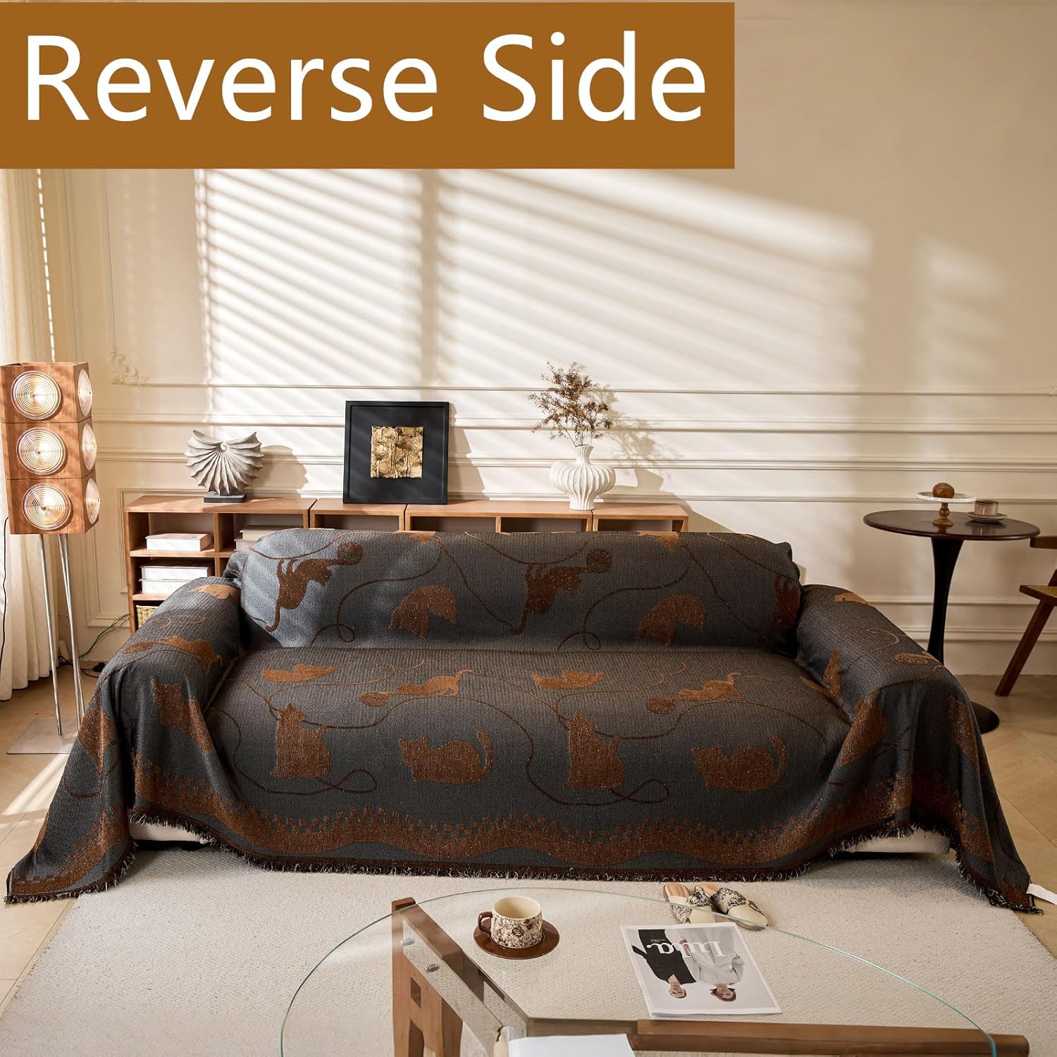 Cute Animal Cat Theme Couch Cover, Soft Non Slip Chenille Sofa Cover for 2 Cushion Couch Sofa, Retro Boho Geometric Border Design Sofa Cover for Modular Sofa, Washable Slipcover, Chestnut Brown