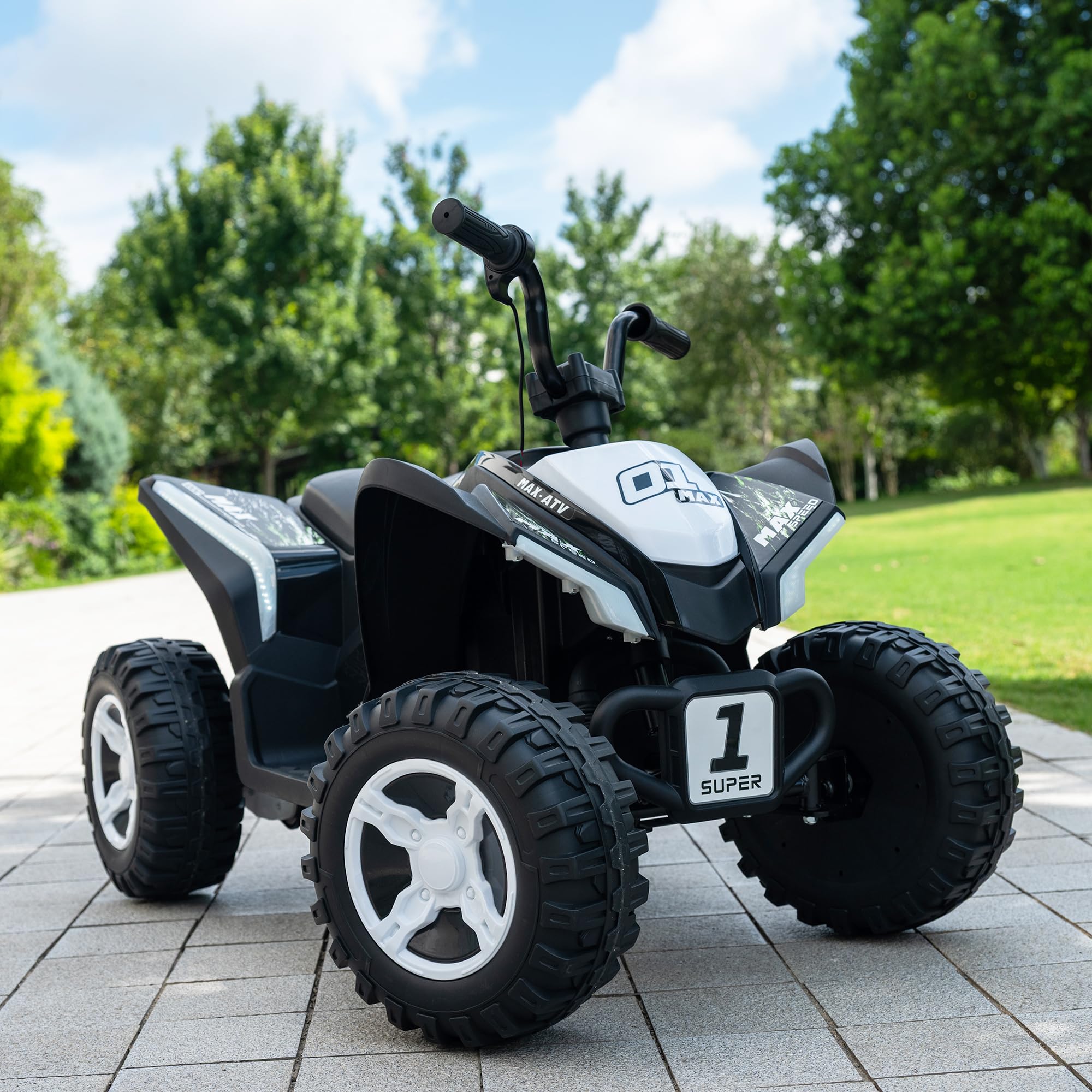 - 24V Kids Ride-On ATV Quad, Electric 4-Wheeler with Forward & Reverse, Spring Suspension, LED Lights, Music, Power Display, Adjustable Speeds, Outdoor Fun Gift, White