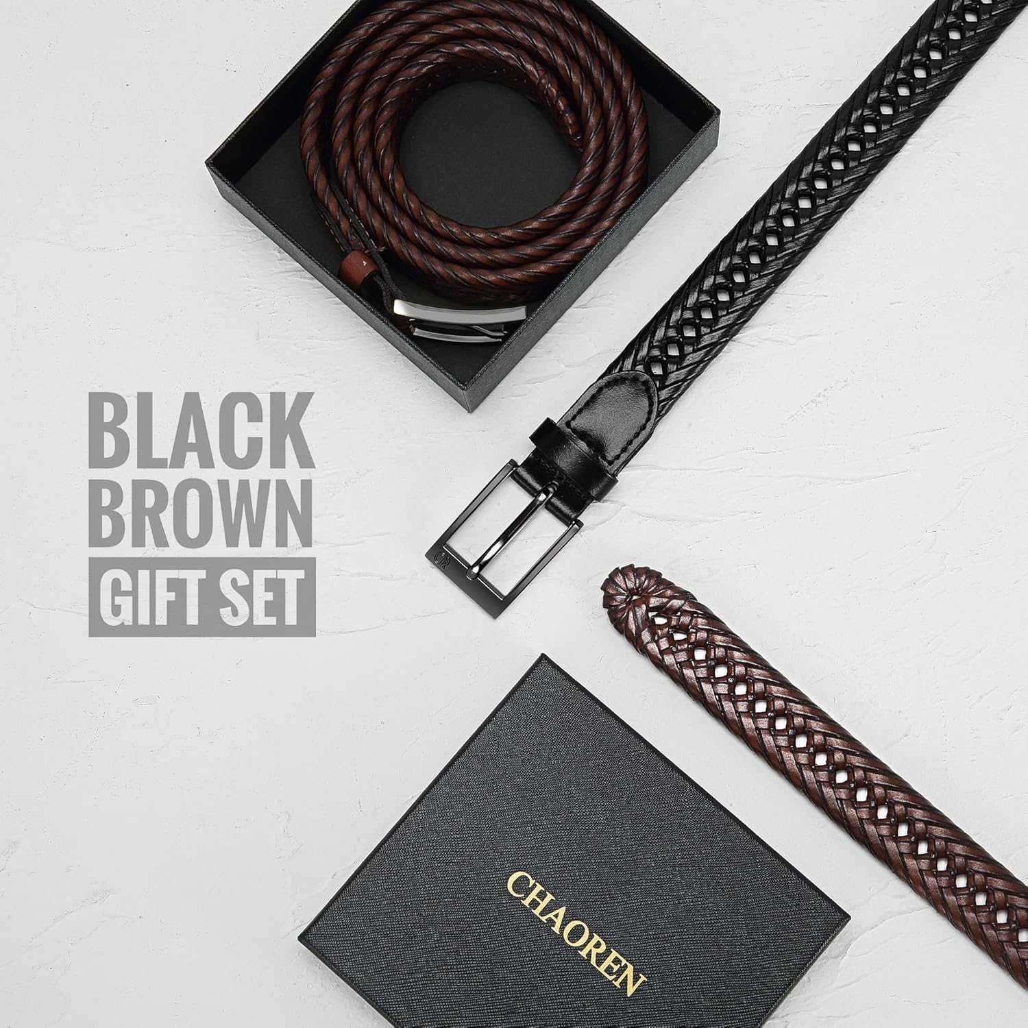 CHAOREN Leather Braided Belts for Men 2 Pack - 1 1/8" Leather Belts in Package Box - Versatile Style Solution