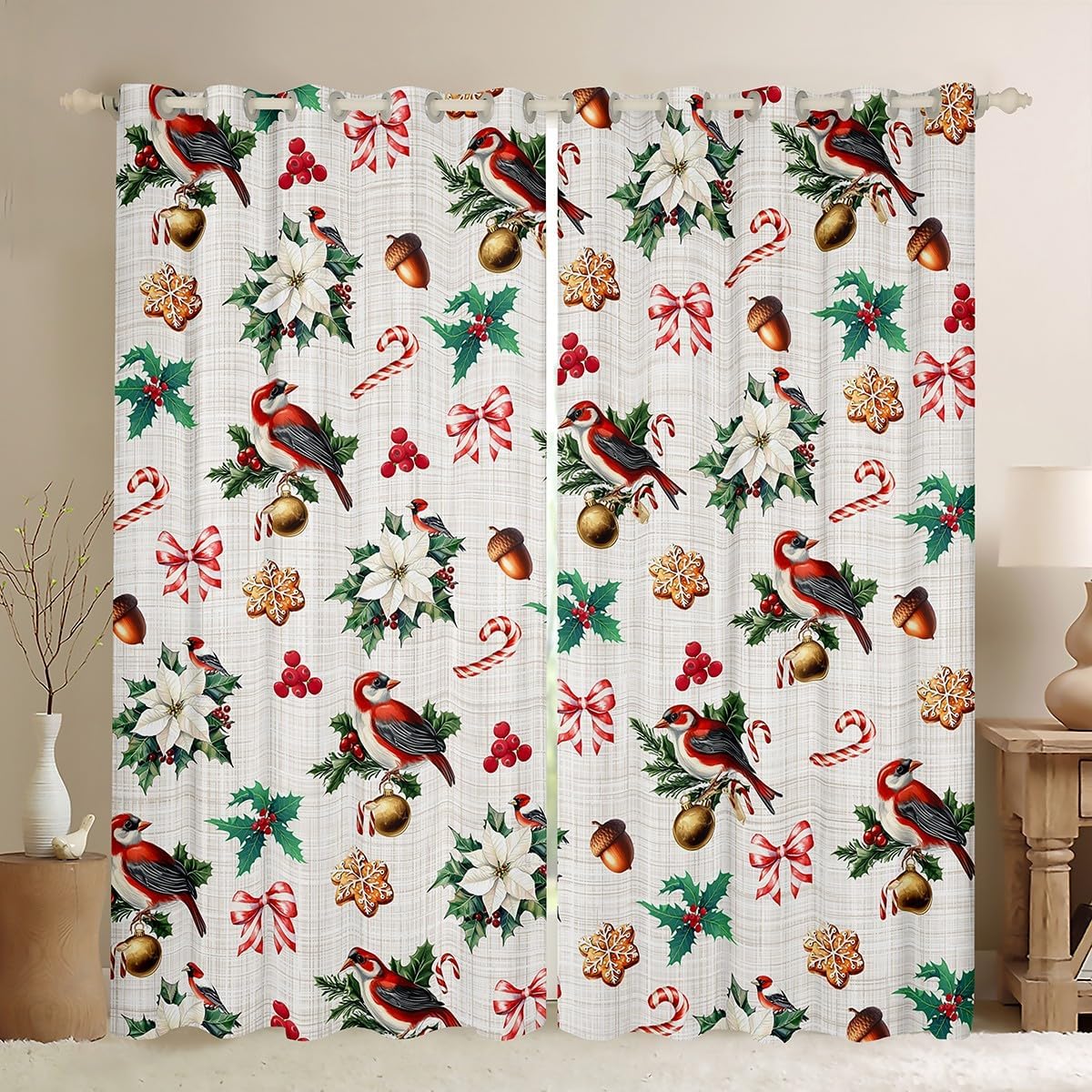 Manfei Christmas Birds Window Curtain,Watercolor Flowers Leaves Farmhouse Style Curtains for Kids Adult Room Decor,Window Treatment Curtain Wild Birds New Year Country Decor Window Drapes,38Wx54L