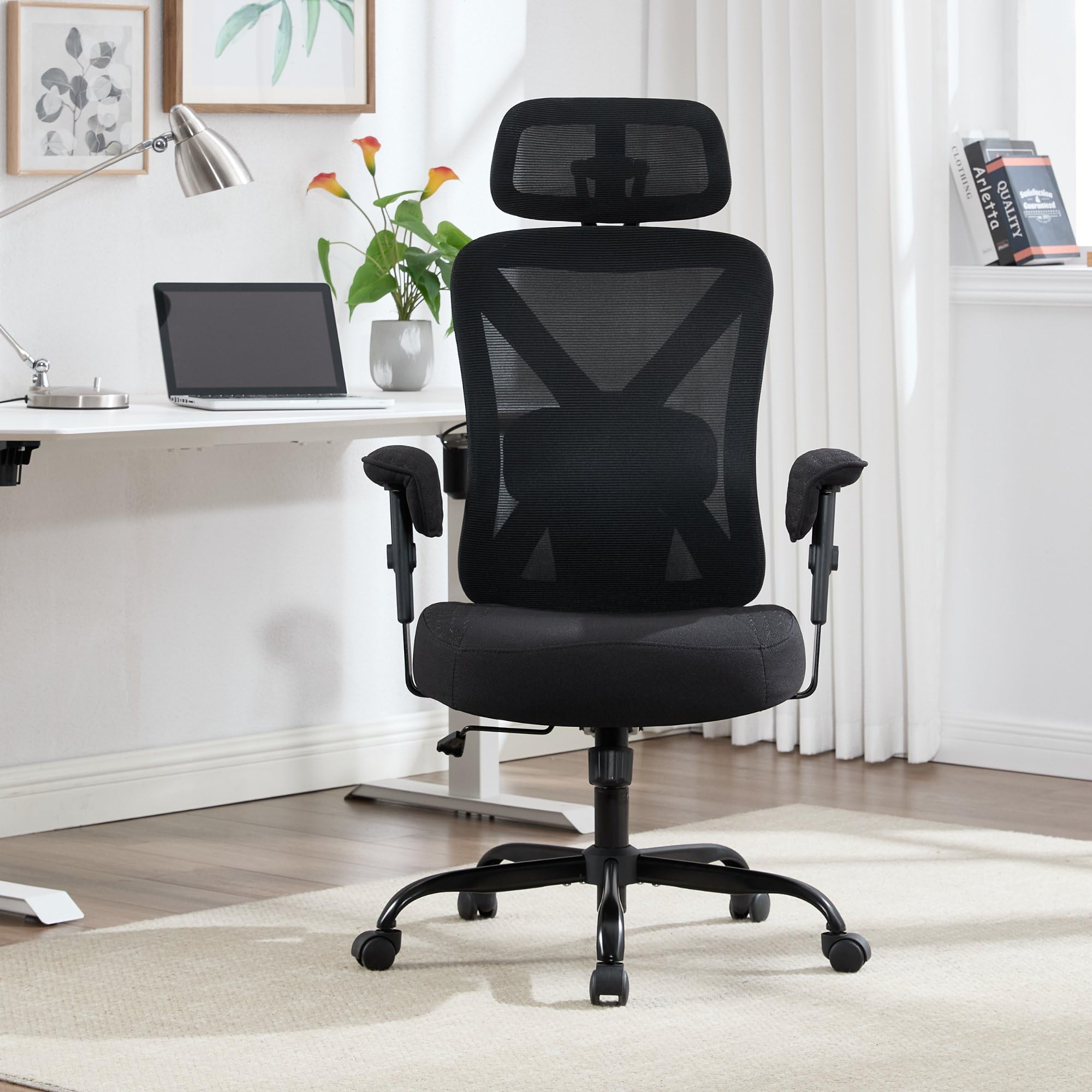 UEV Ergonomischer Bürostuhl 220kg mit Kopfstütze, Schreibtischstuhl Schwarz | Verstellbare Lendenwirbelstütze/Armlehnen, atmungsaktiv Netzbespannung, 13,5CM verdicke Sitzkissen,Home Office Chair