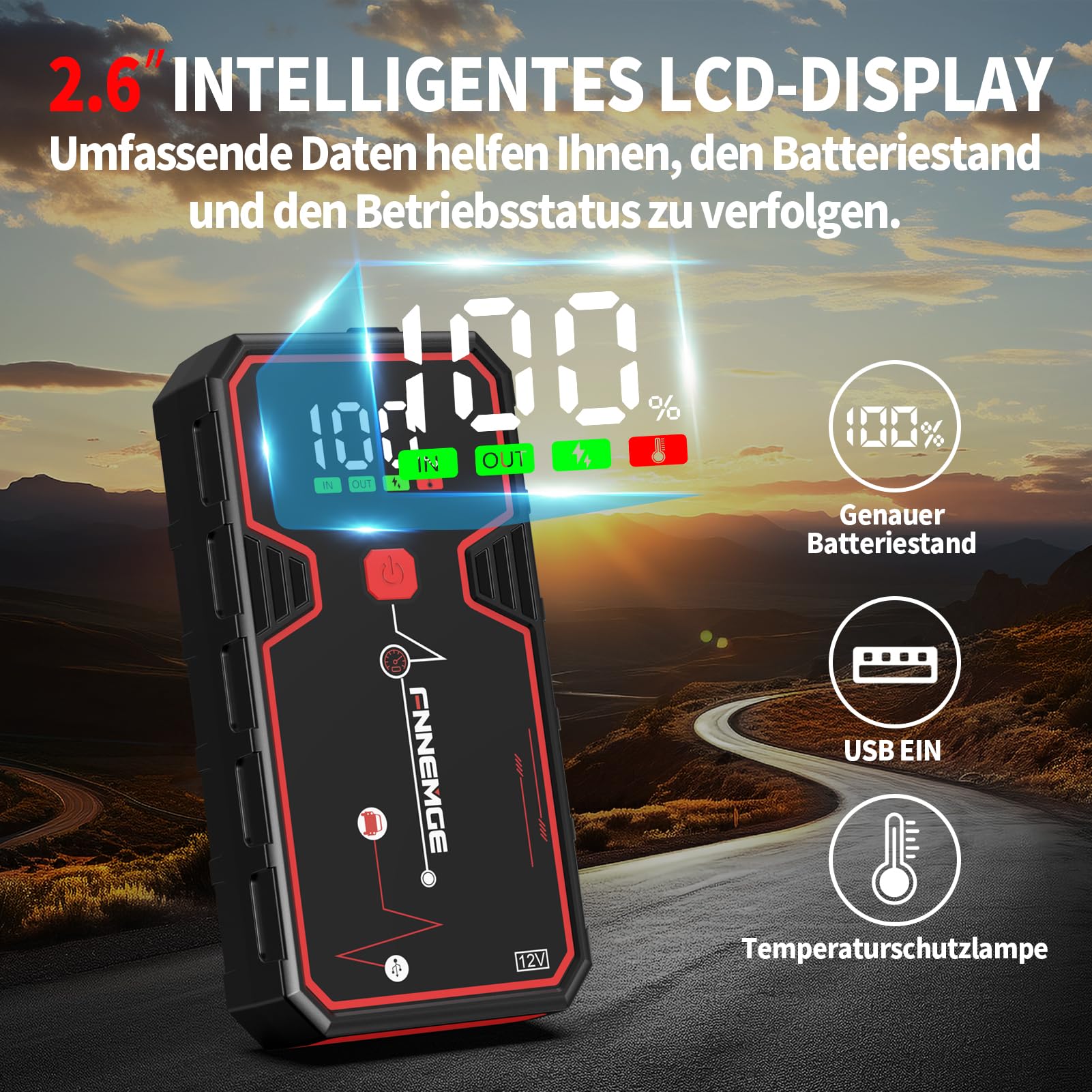 FNNEMGE Starthilfe Powerbank 5000A 23800mAh, Geeignet für 12V Auto Batterie (Alle Benzin und Bis Zu 8,0L Diesel), mit USB-Ladeausgang, LED-Licht, HD-Großbildschirm