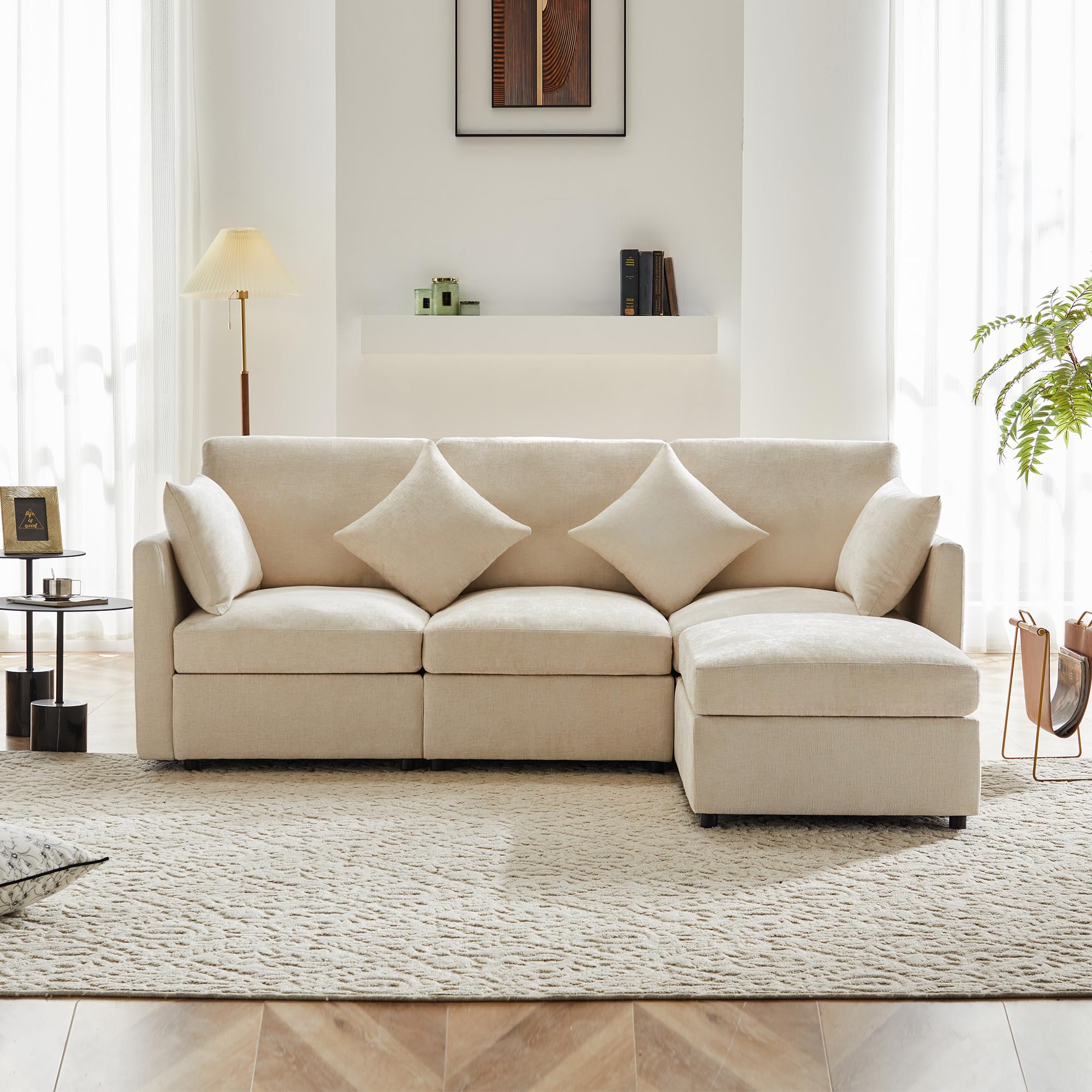Divano moderno,divano componibile in tessuto cinigliato,sofa letto 3 posti,a quattro posti,divano angolare a L con poggiapiedi,divani,divani con penisola,216x161x81cm (Beige)