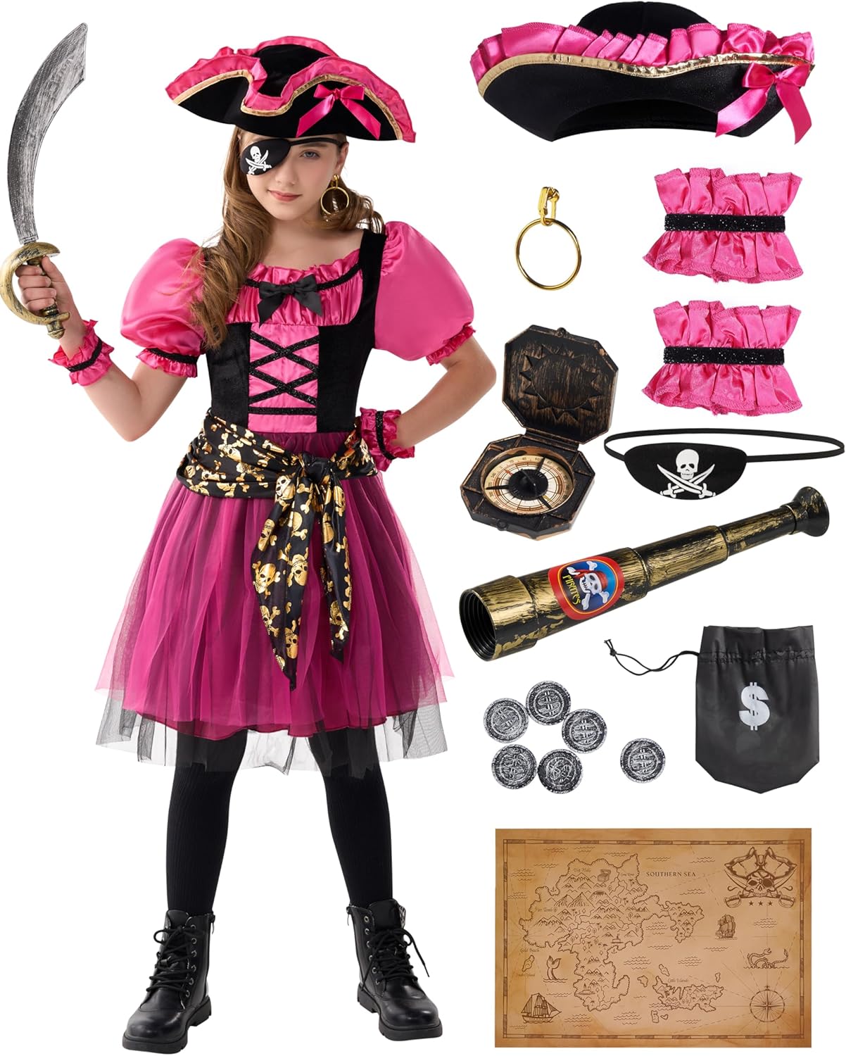Spooktacular Creations Halloween Costumes for Girls, Kids Pirate Costume, Magenta Pirate Dress for Toddler Role Play Party