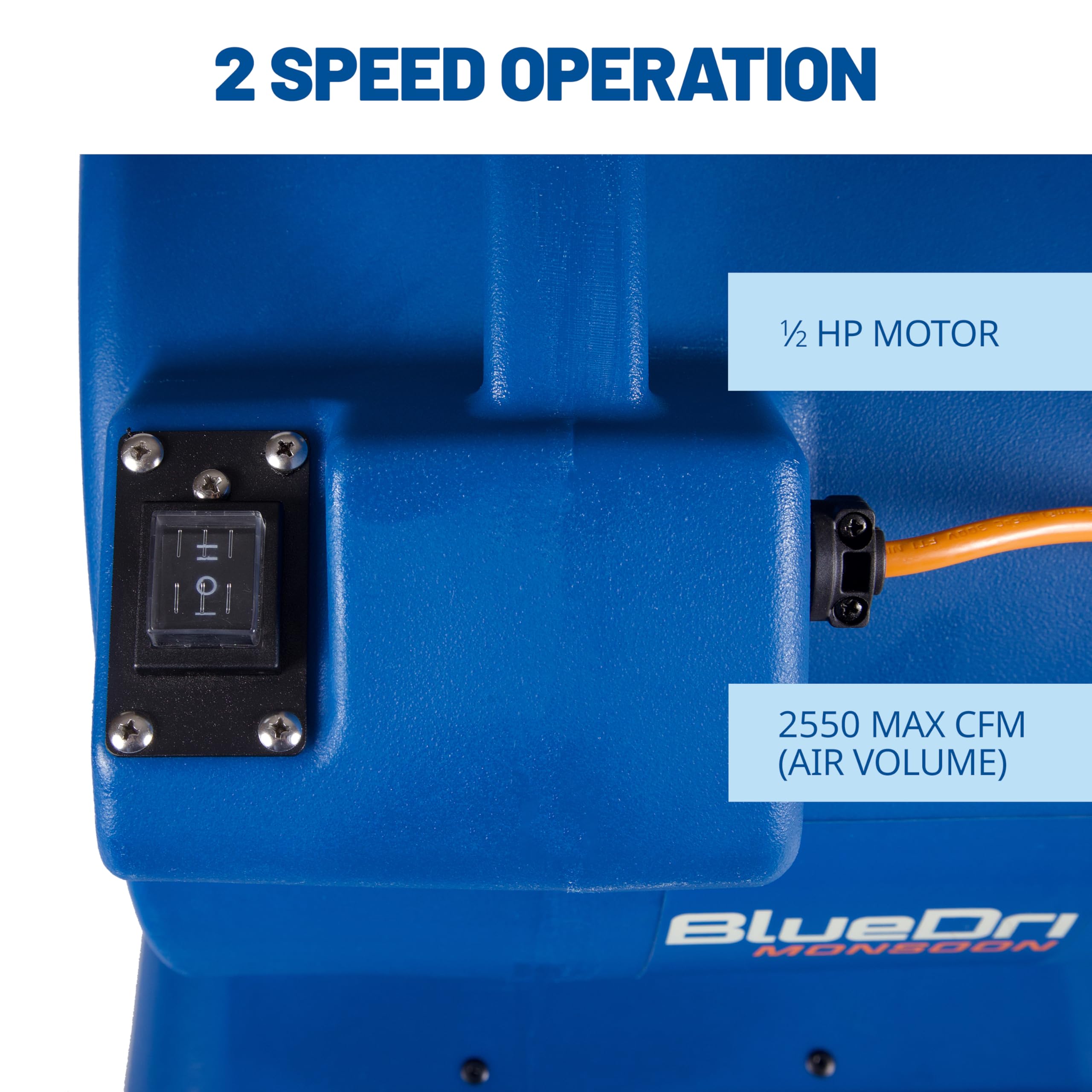BlueDri Monsoon 1/2 HP, 2550 CFM Air Mover Blower Fan for Water Damage Restoration Carpet Dryer Floor Home and Plumbing Use, Blue, BD-MNSN