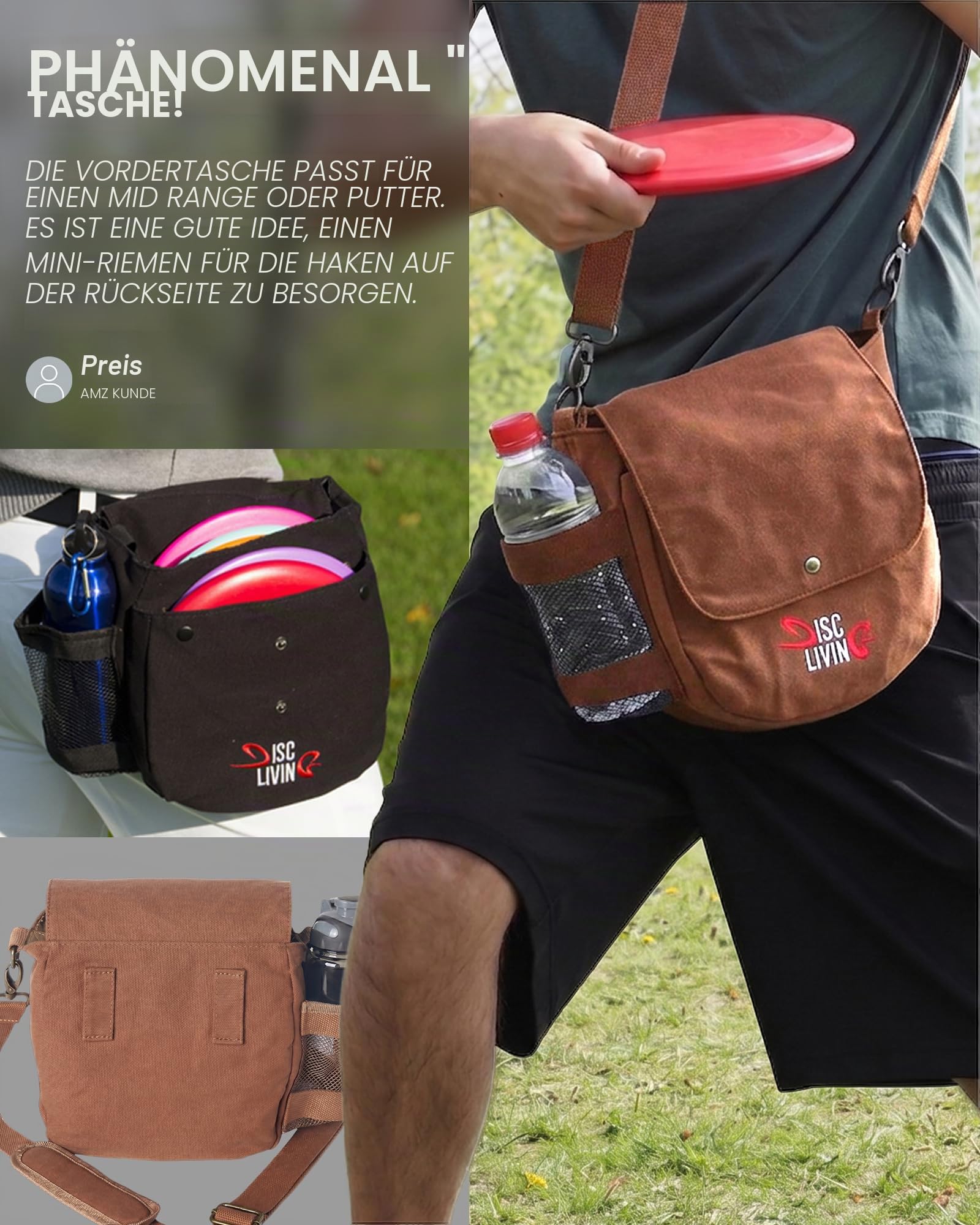 Disc Golf Bag | Frisbee Golf Bag | Easy to Carry | Lightweight Fits Up to 10 Discs | 16 oz Waxed Canvas Sturdy Design | Belt Loop | Double Button Design | Bottle Holder