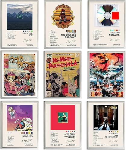 Kanye West - Póster de edición limitada, póster de música de rap cantante, lienzo para pared, póster de habitación para niñas jóvenes, juego de 9