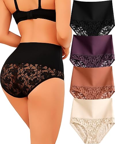Shapewear for Women Tummy Control High Waisted Seamless Womens Underwear 4-Pack Sexy Lace Plus Size Panties
