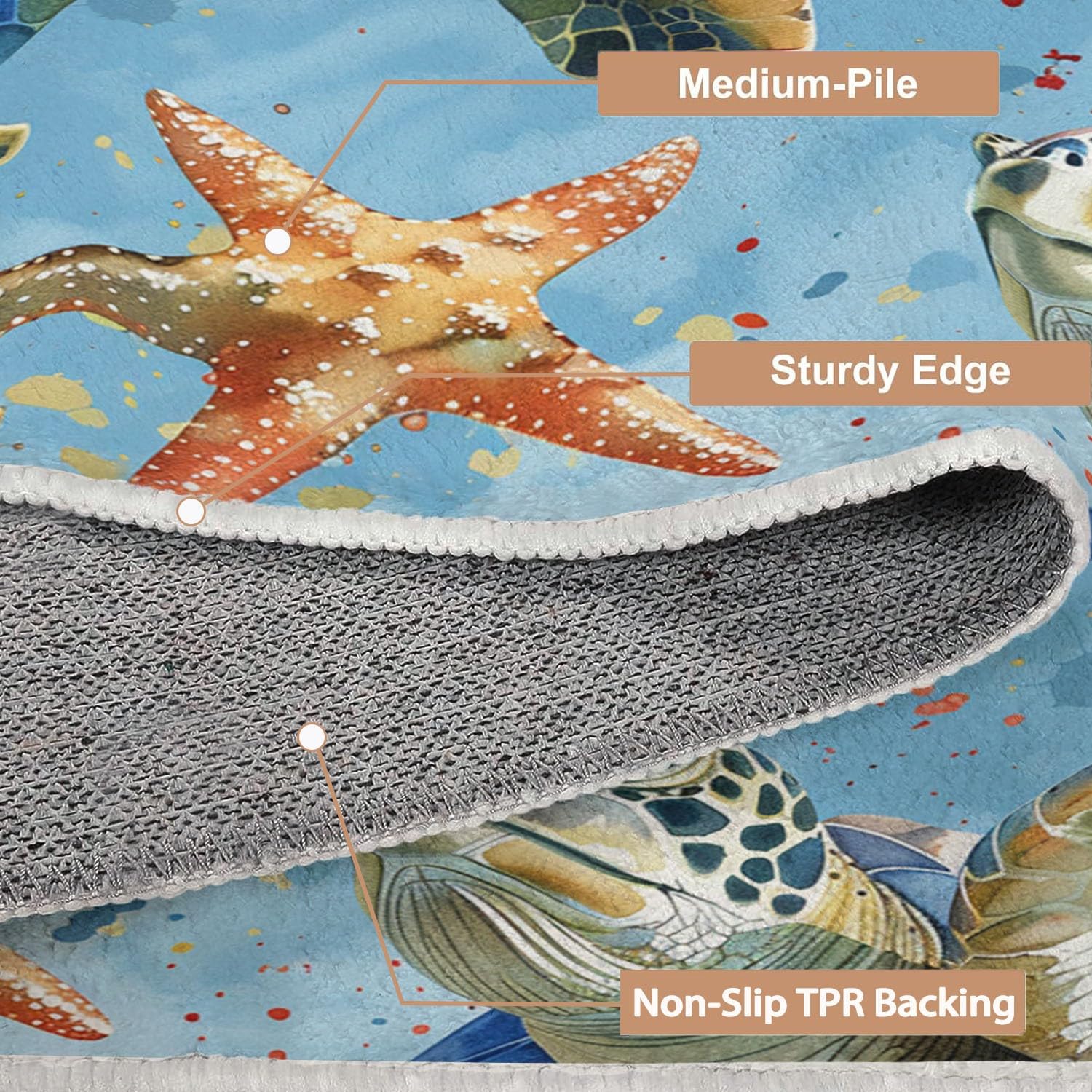 Tapis de Décoration ThèMe éToile de Mer Aquarelle Tortue de Mer, 120 x 170 cm Antidérapant à Poils Courts Doux Tapis, Multi Moquette de Chambre à Poils Ras, Paillasson Intérieur - pour Salon