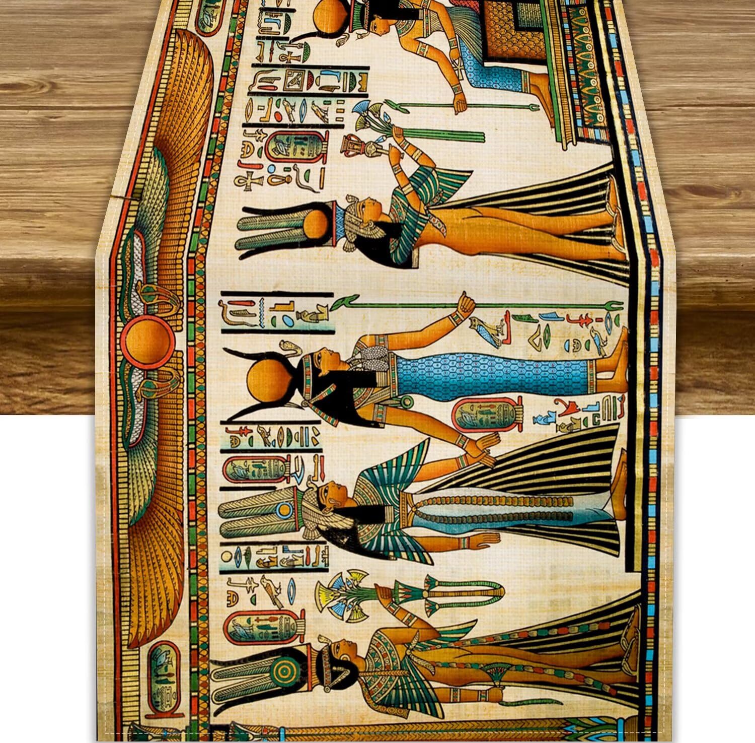 Ancient Egyptian Table Runner, Vintage Egyptian Mural Elements Printed Dinner Table Decoration for Kitchen Living Room Home Party Decor 13x120in