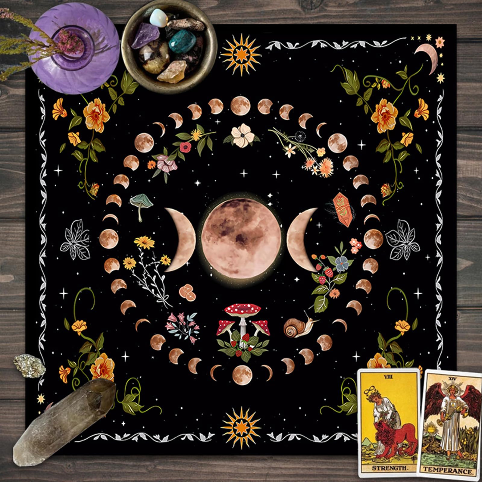 Tappeto per Tarocchi con Disegno delle Fasi Lunari, Tovaglia per Altare per la Pratica della Cartomanzia e del Pendolino, Accessorio per Esoterismo e Divinazione, Misura 50 x 50 cm