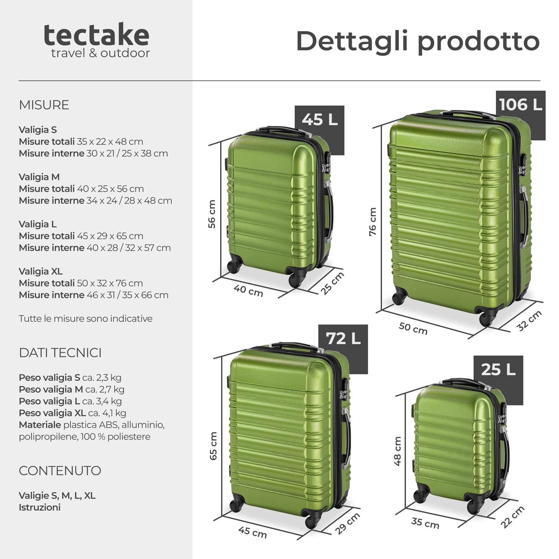 tectake® Set Valigie Trolley Rigide, 4 Valigie con Scocca in Plastica ABS, Rotelle Girevoli a 360°, Maniglia Telescopica in Alluminio, Serratura di Sicurezza a Combinazione - Verde