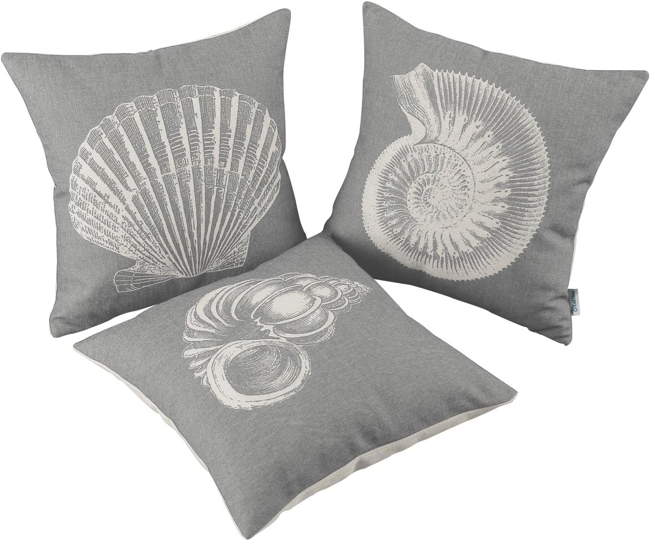 CaliTime Set of 3 Canvas Throw Pillow Covers Cases for Couch Sofa Home Decoration Mediterranean Sea Shells Print 18 X 18 Inches Medium Grey