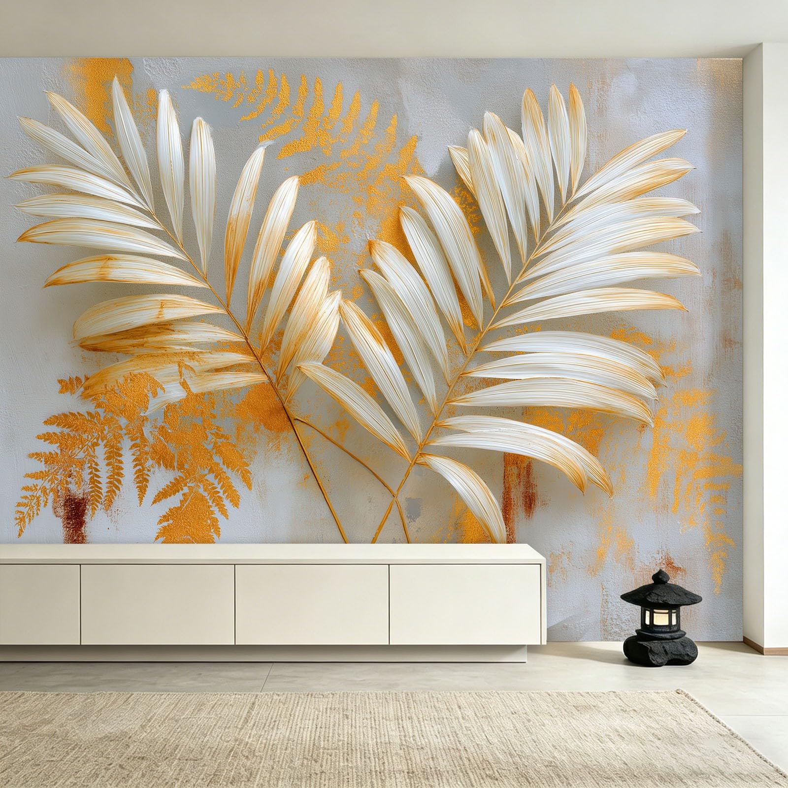 Nowoczesna minimalistyczna fototapeta, botaniczna folia z liści palmowych, złota folia, tapeta z włókniny, 350 x 256 cm, tapeta ścienna 3D, tapeta ścienna do salonu, kuchni, sypialni i pokoju