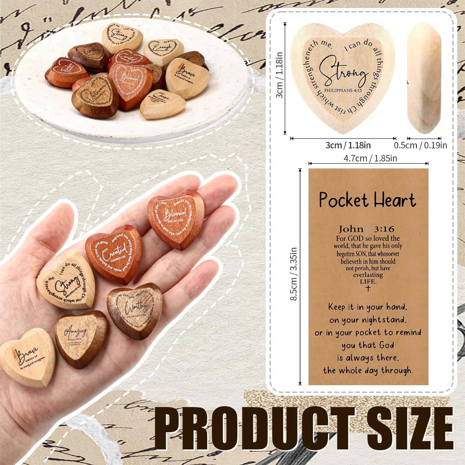 Yalikop 24 セット インスピレーション クリスチャン ギフト バルク 木製 ポケット ハート ジョン 3: 16 カード